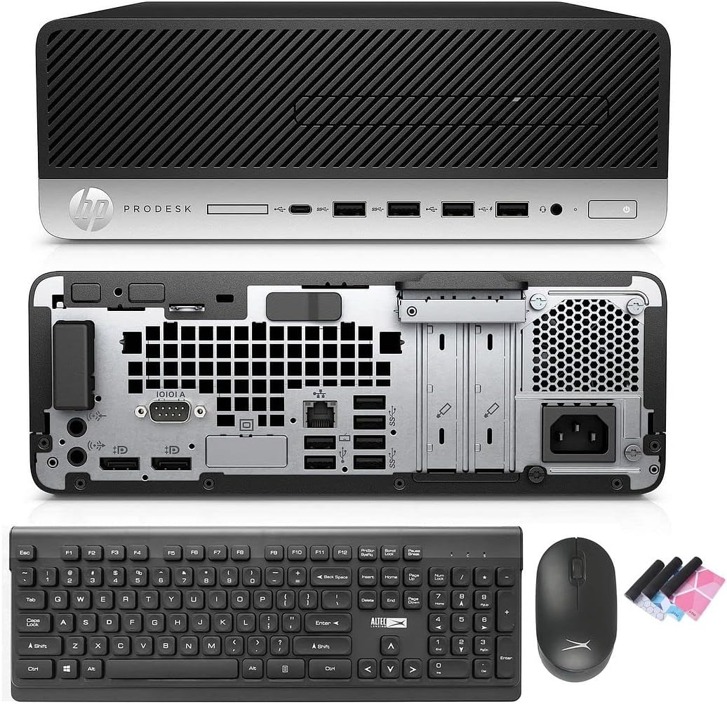 ด้านหน้าและด้านหลัง view of HP ProDesk 600 G4 SFF with included keyboard and mouse