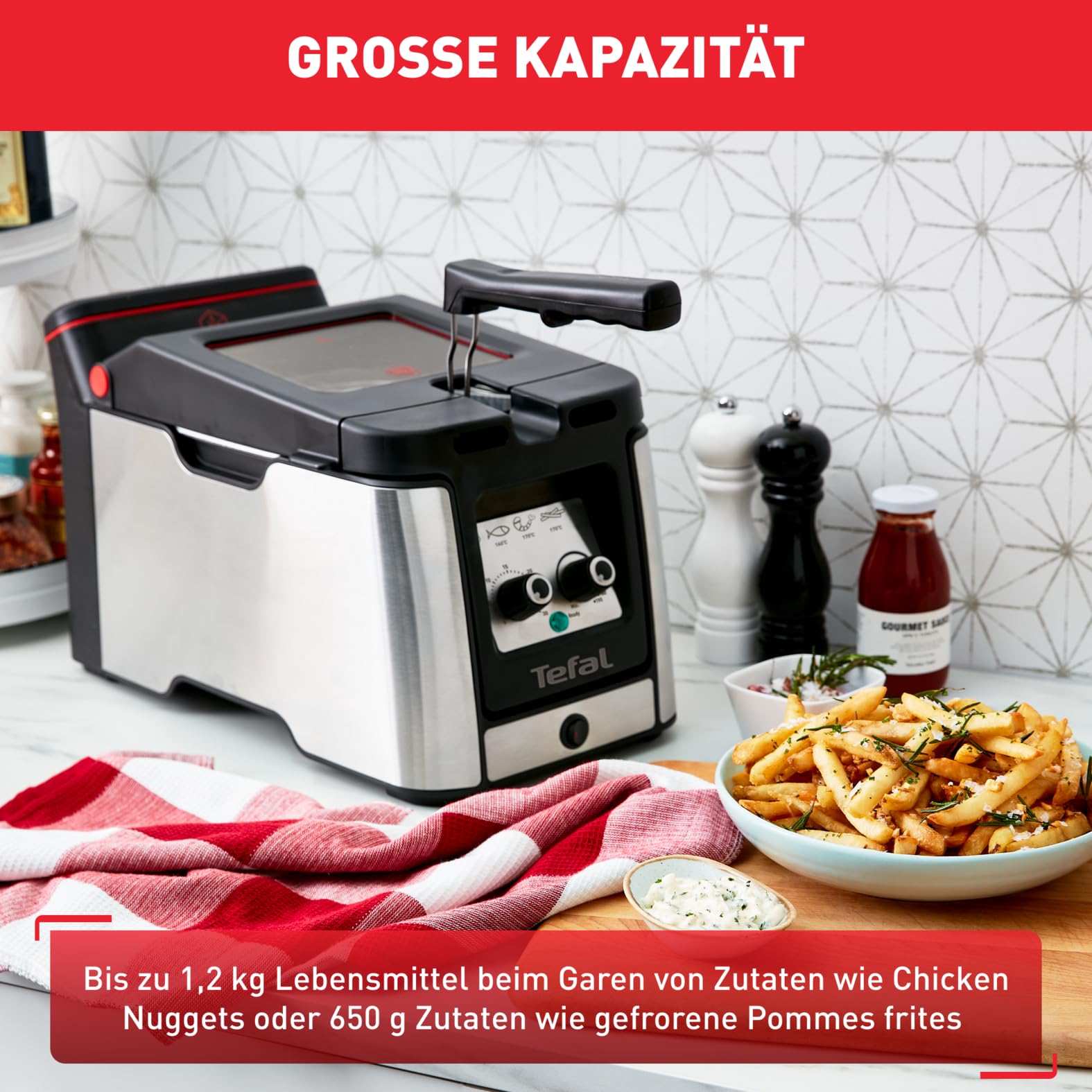 Tefal Clear Duo Fritteuse, frittieren mit weniger Rauch/Gerüchen, Kapazität 1,2 Kg, Thermostat, Timer, großes Sichtfenster ohne Beschlagen, spülmaschinenfest, schwarz, Edelstahl, Friteuse FR600D