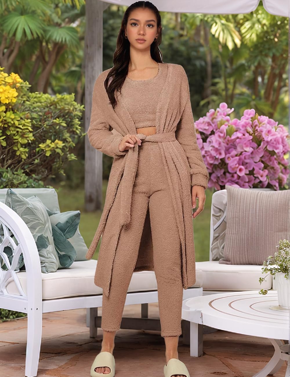 Fuzzy 3-Piece Lounge Outfit, Tops Cardigan Pants Pajamas Set with Belt