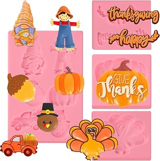 Scarecrow Thanksgiving Cake Decoration Fondant Mold 4pcs, Gnome Pumpkin Silicone Molds, Turkey Dwarf Truck Kitchen Baking Mold for Cupcake Toppers Candy, Fall Thanksgiving Party, Clay Resin