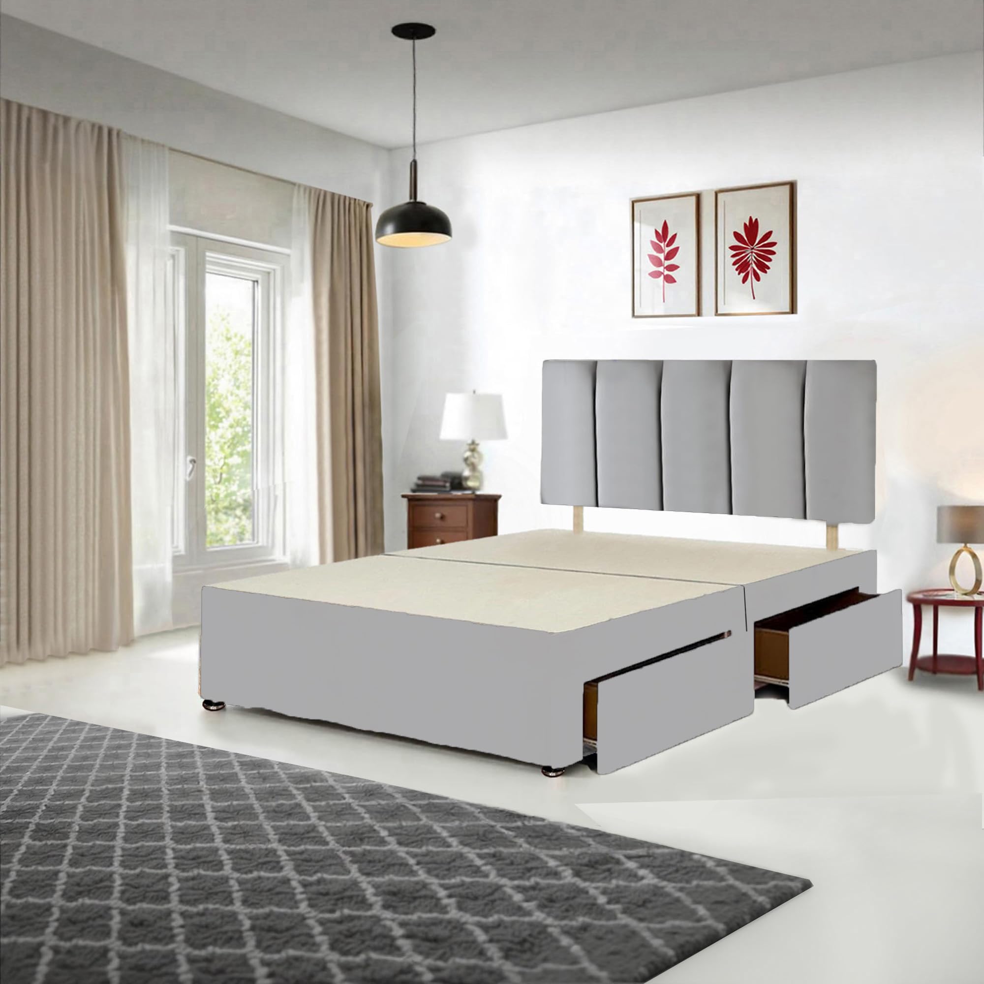Silver Crushed Velvet Divan Bed Base With Headboard & 2 Drawers - 4ft6 Double Size