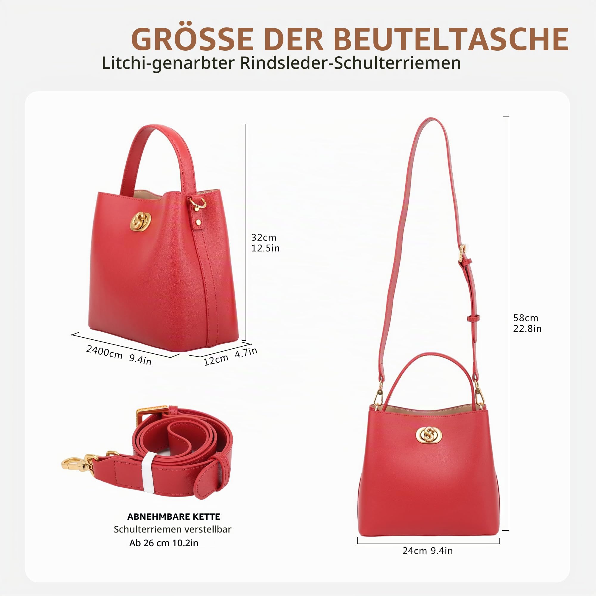 SADI Echtes Leder Handtasche Damen,Umhängetasche Damen, Modische Beuteltasche Handtasche mit Abnehmbares Riemen