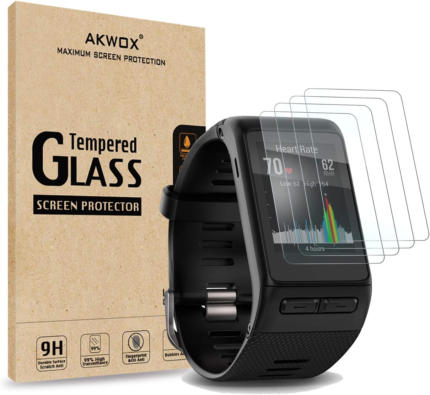 AKWOX (Pack of 4) Tempered Glass Screen Protector for Garmin Vivoactive HR, [0.3mm 2.5D High Definition 9H] Premium Clear Screen Protective Film for Garmin Vivoactive HR