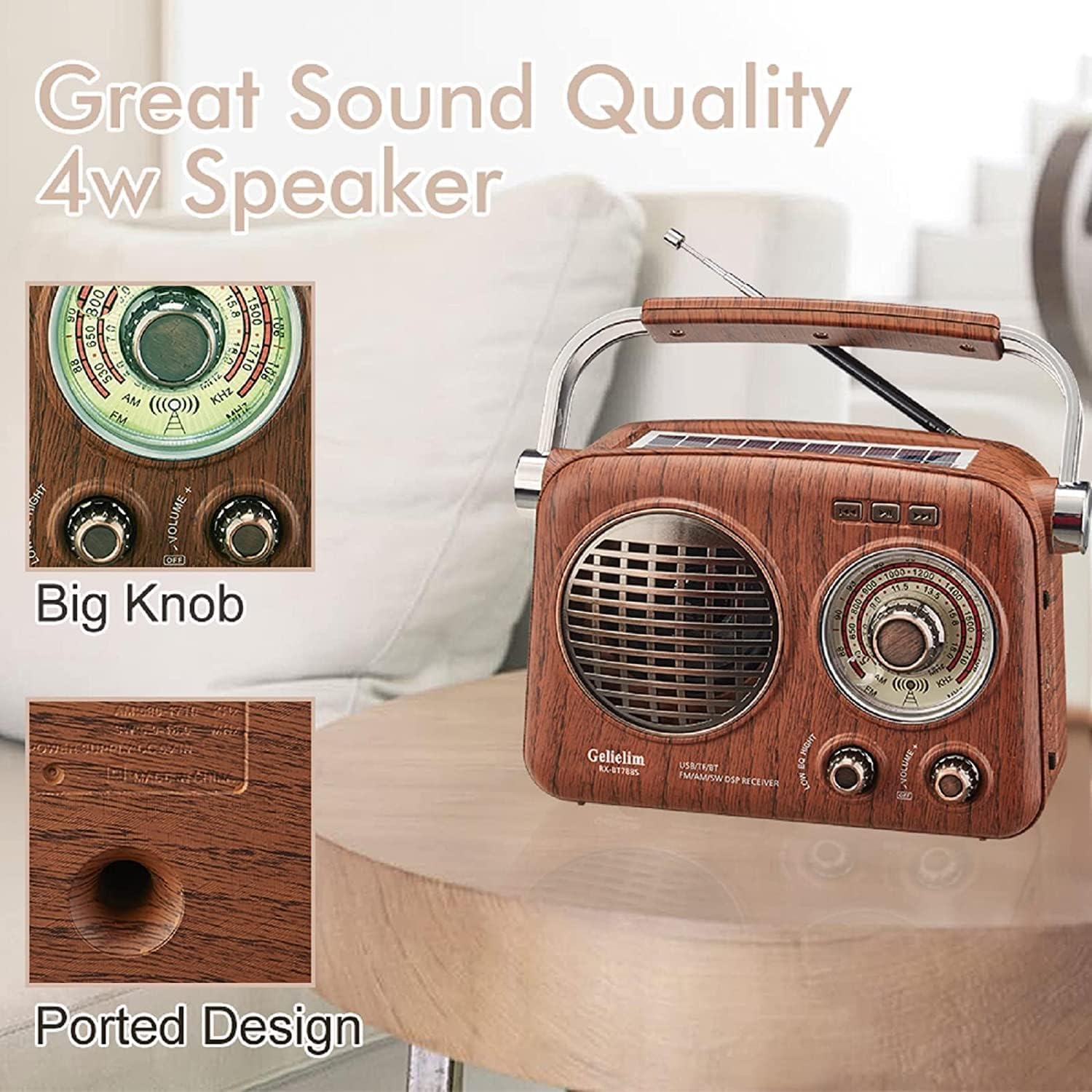 G Keni Tragbares Radio Retro, AM FM Shortable Radios mit bestem Empfang, kleines Vintage-Radios mit Bluetooth-Lautsprecher, wiederaufladbar/Solar/Batterie