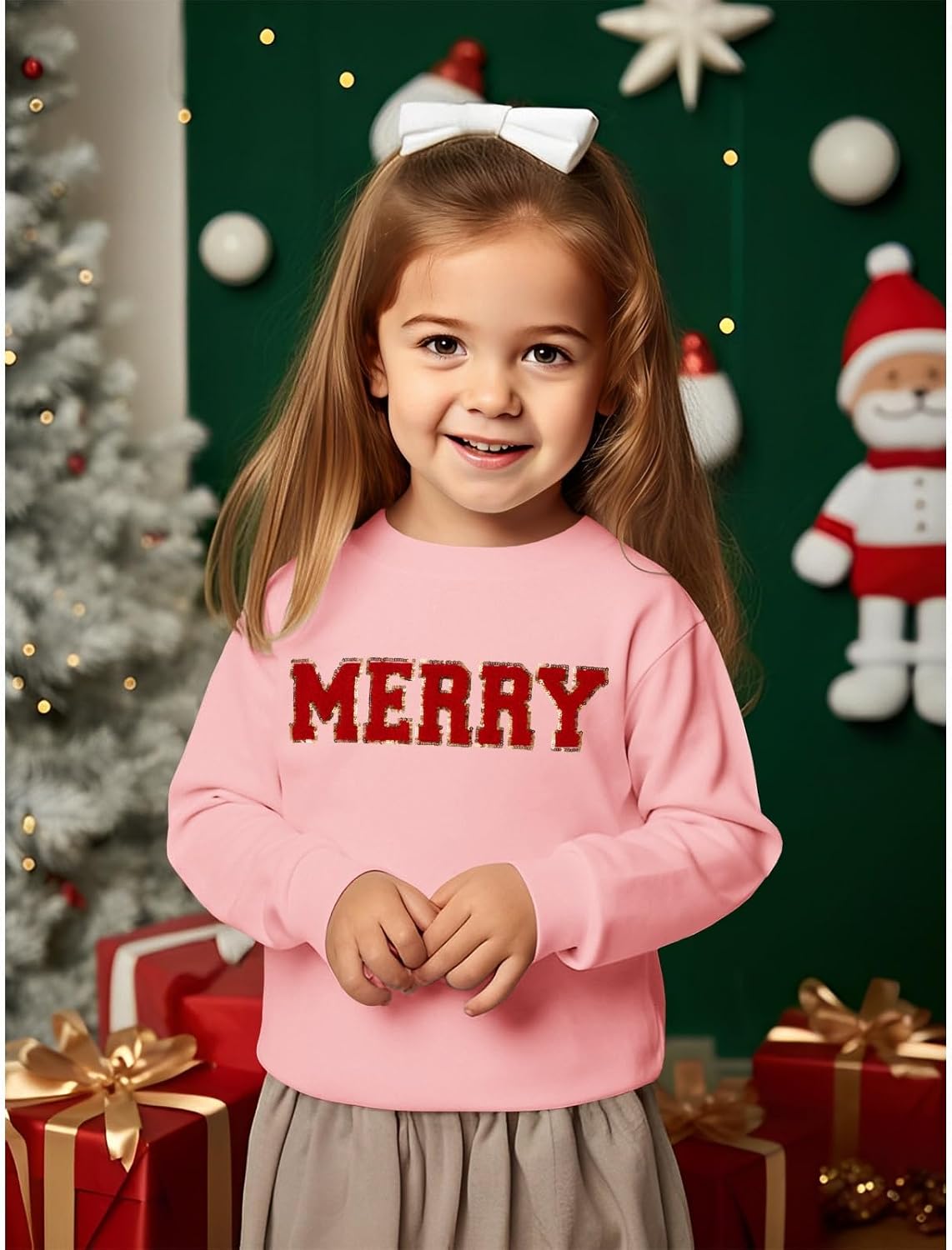IZYJOY Toddler Baby Girl Christmas Sweatshirt Merry Chenille Patch Letter Print Crewneck Shirt Xmas Holiday Pullover Tops