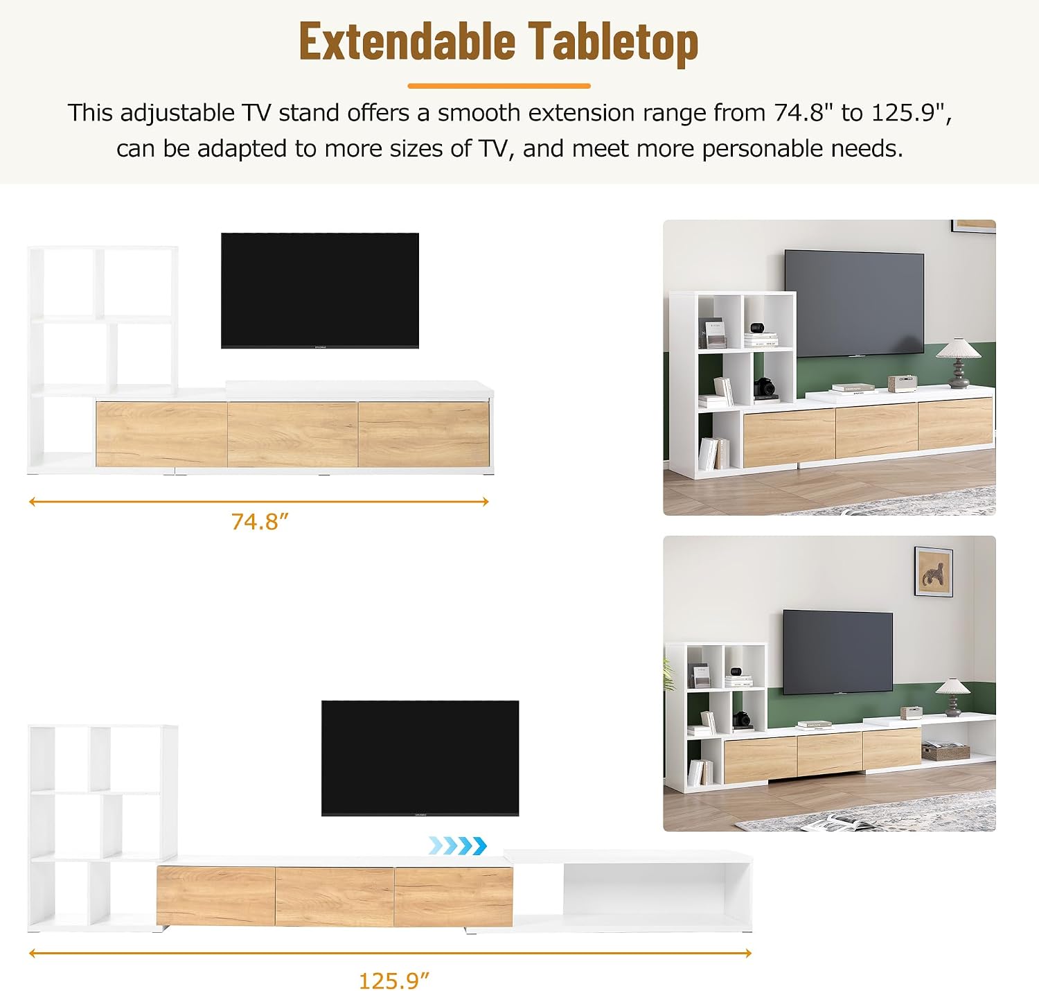 Merax Extendable TV Stand and Coffee Table, Set of 2, Media Console with 3 Tier Bookshelves for TVs up to 110'', Dual-Tone Center Table with Sliding Tabletop for Living Room, White Bookshelf TV Stand