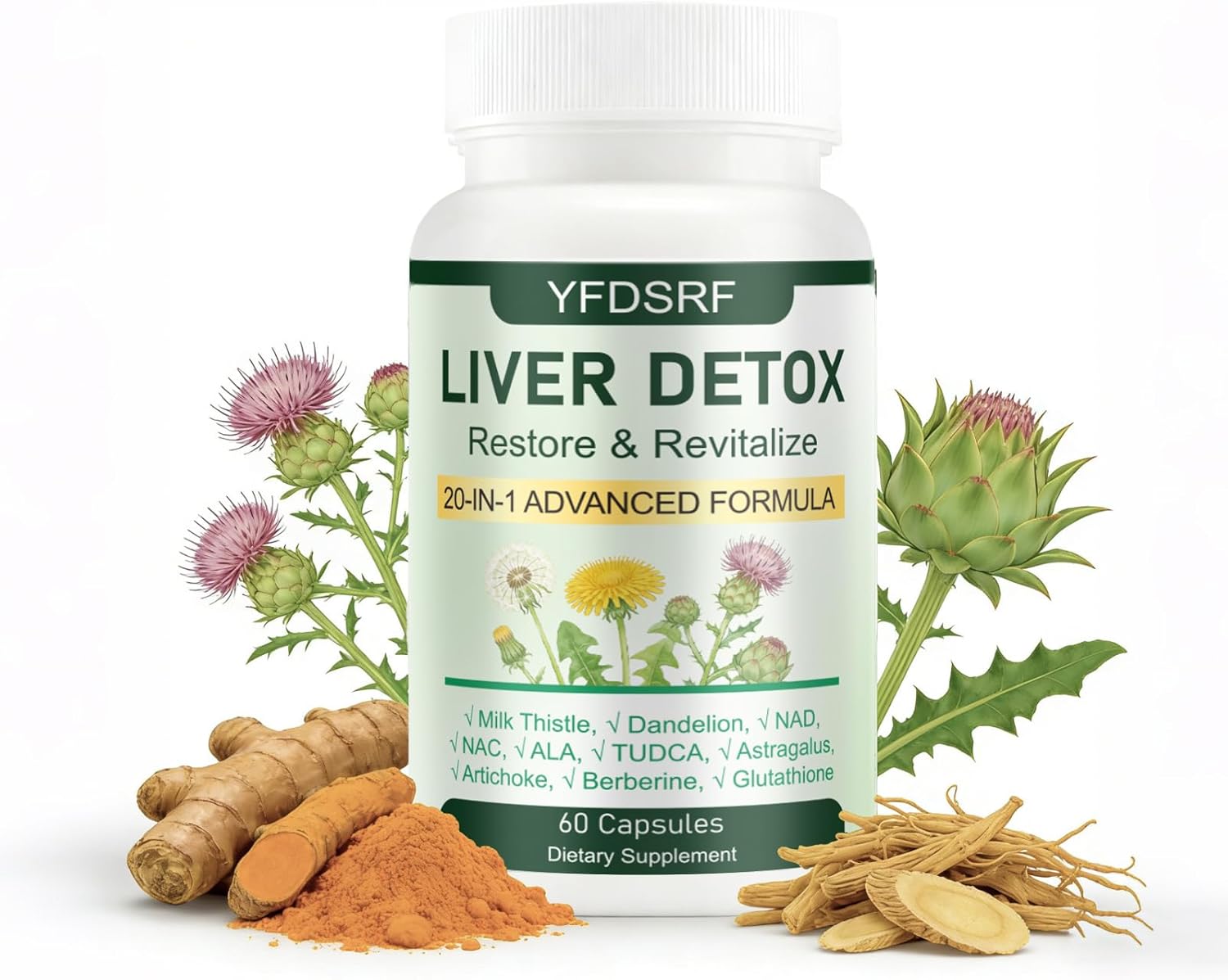 Liver Health Supplement, 20-in-1, Advanced Detox Formula, containing standardized Milk Thistle, Dandelion Root, N-acetylcysteine | Supports Natural detoxification and Health Functions 60 Capsules (1)