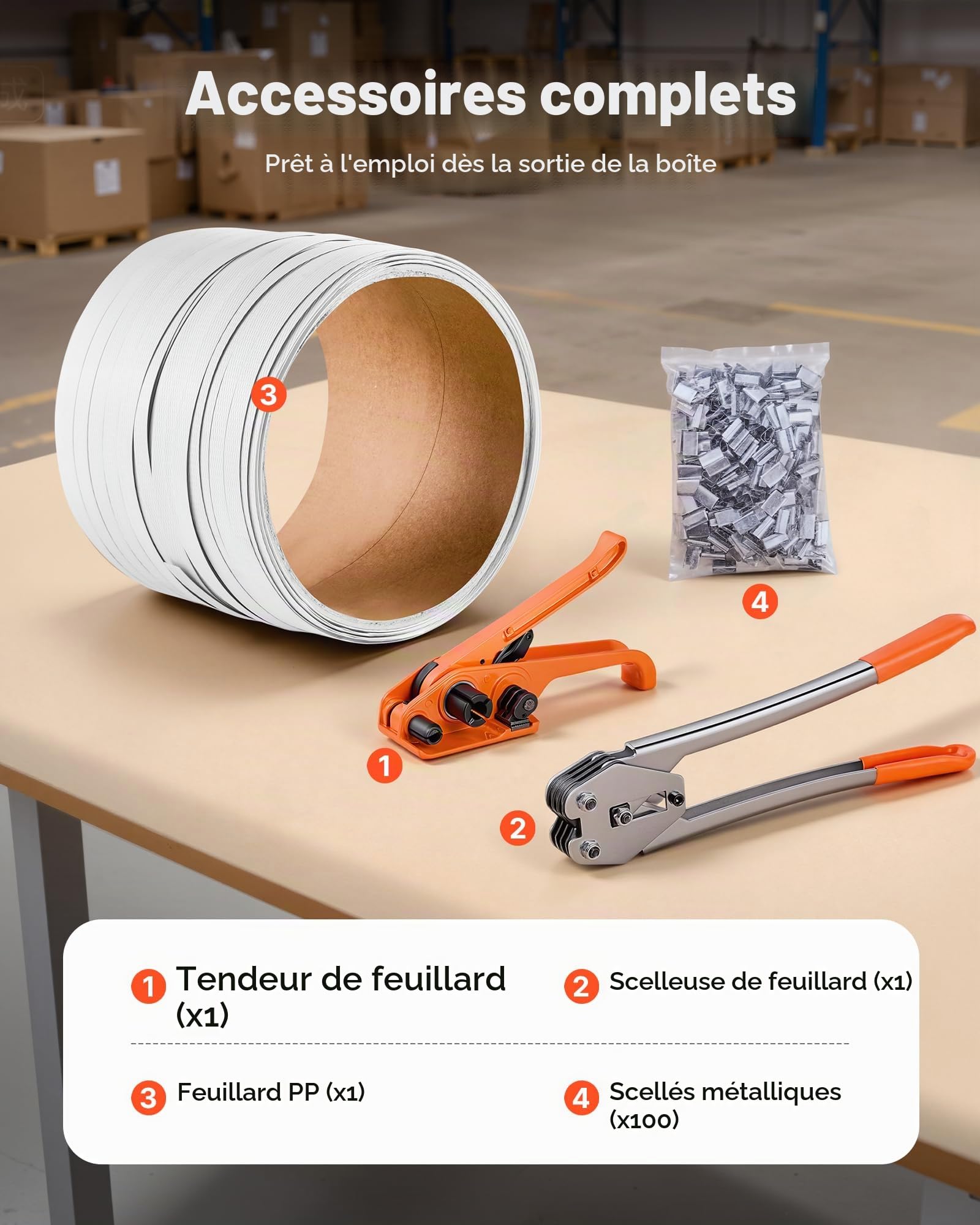 VEVOR Kit Cerclage Feuillard PP 100 m Kit Cerclage Palette Manuel avec Outil et Tendeur pour Emballage, Entrepôts, Déménagement, Stockage, Transport de Marchandises, avec 100 Scellés en Métal, Orange