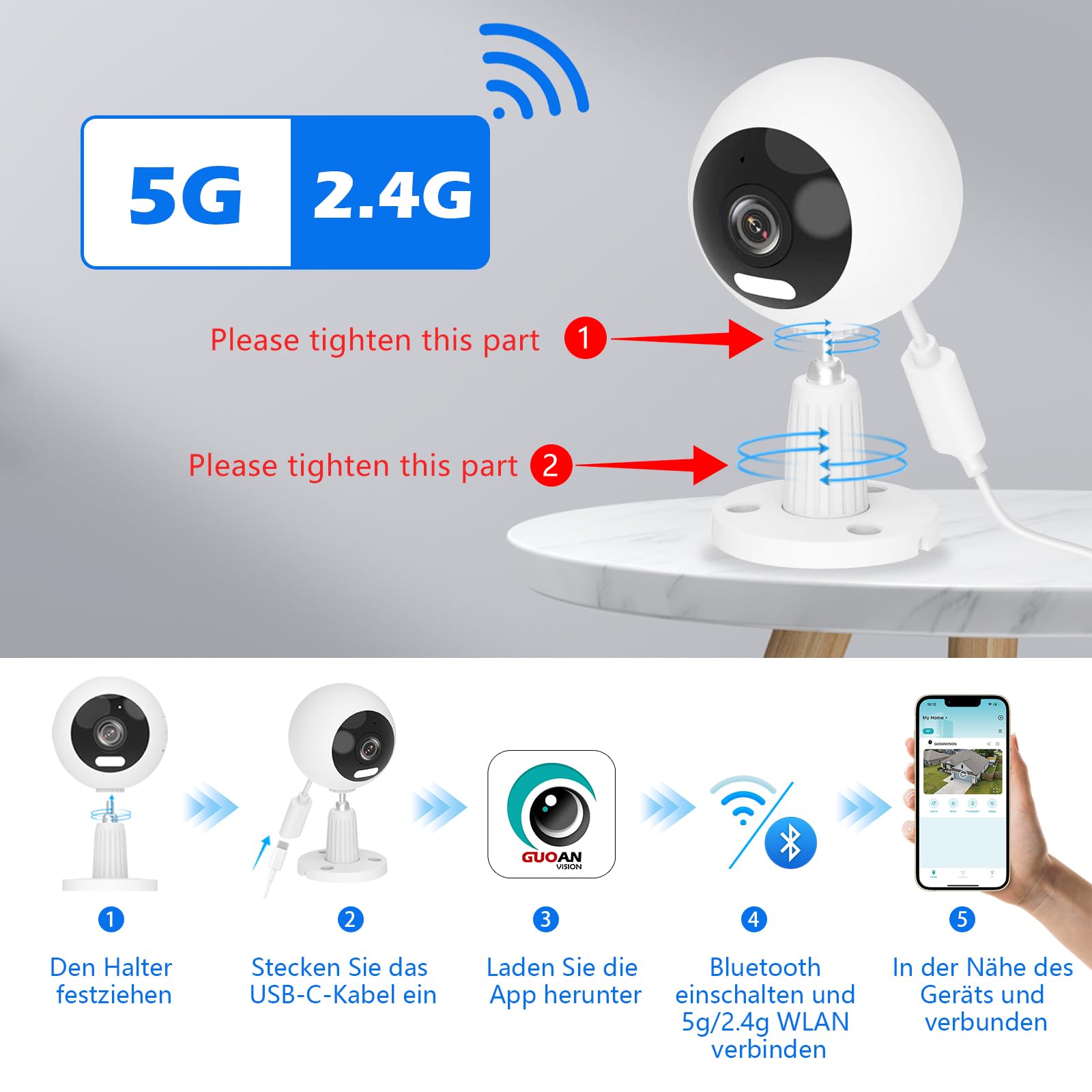 GUOANVISION 2K 5G bewakingscamera voor binnen en buiten, wifi-camera voor binnen en buiten, babyfoon met app, hondencamera, IP66 waterdicht, 2-weg audio, auto-zoom, SD en cloudopslag