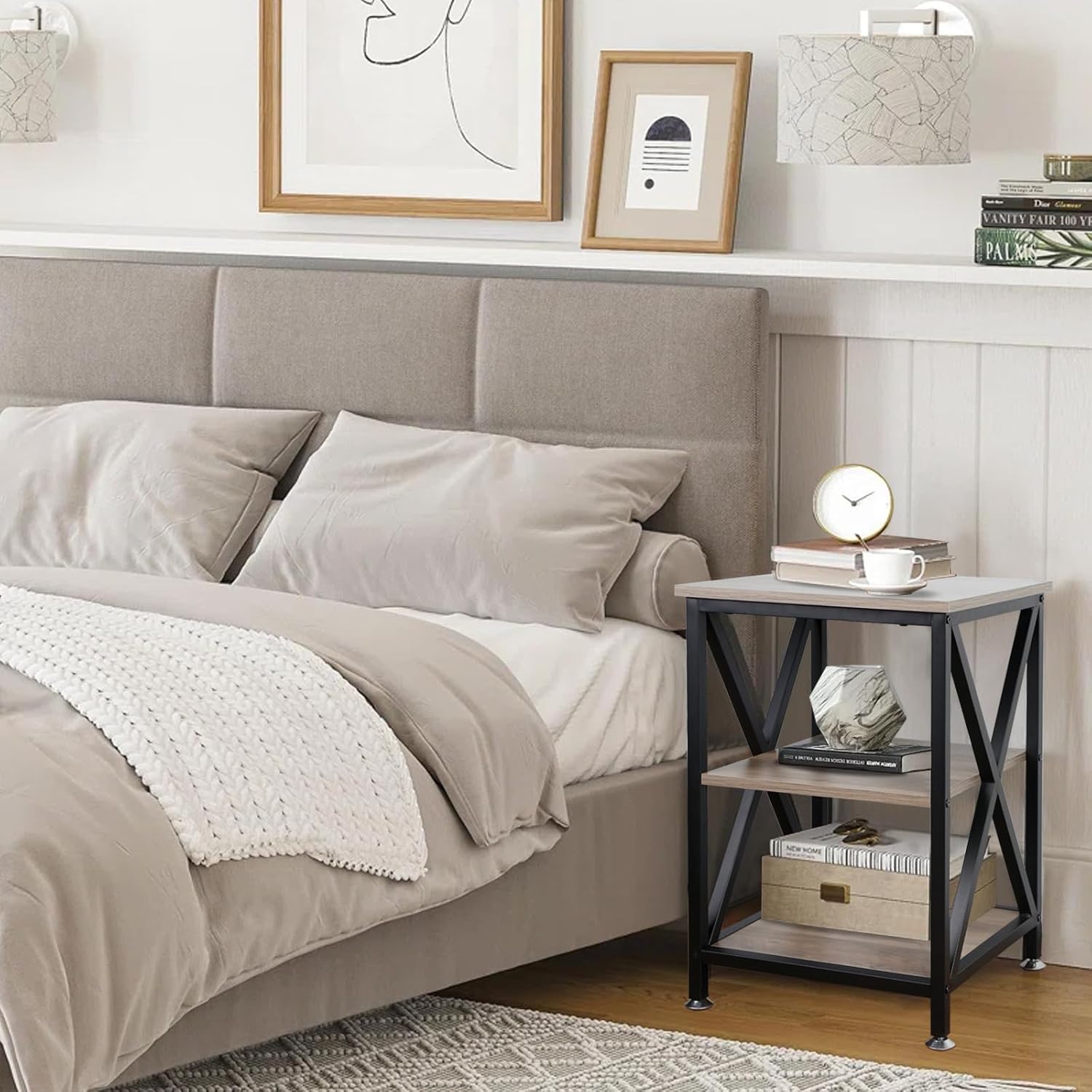 End Tables Living Room Set of 2, 16" D x 16" W x 24" H, Indoor End Tables Living Room with Storage Shelf, Square End Table Set of 2, X-Shaped Night Stands for Bedroom, Farmhouse Wood Side Tables