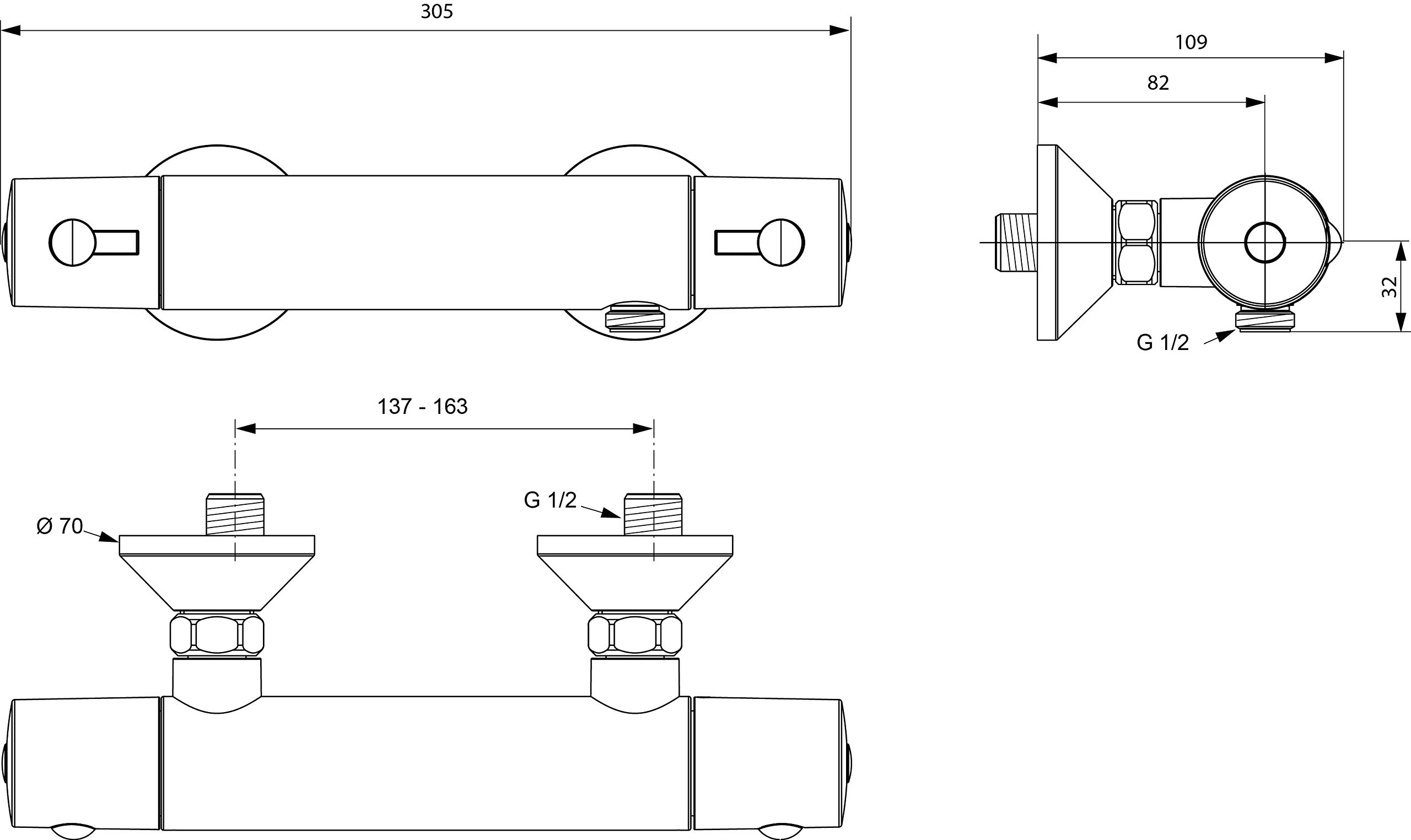 Ideal Standard Brausethermostat Ceratherm 60 (Aufputz, chrom, Ausladung 82 mm, Breite 305 mm, Anti-Kalk Funktion, Verbrühschutz) A6647AA