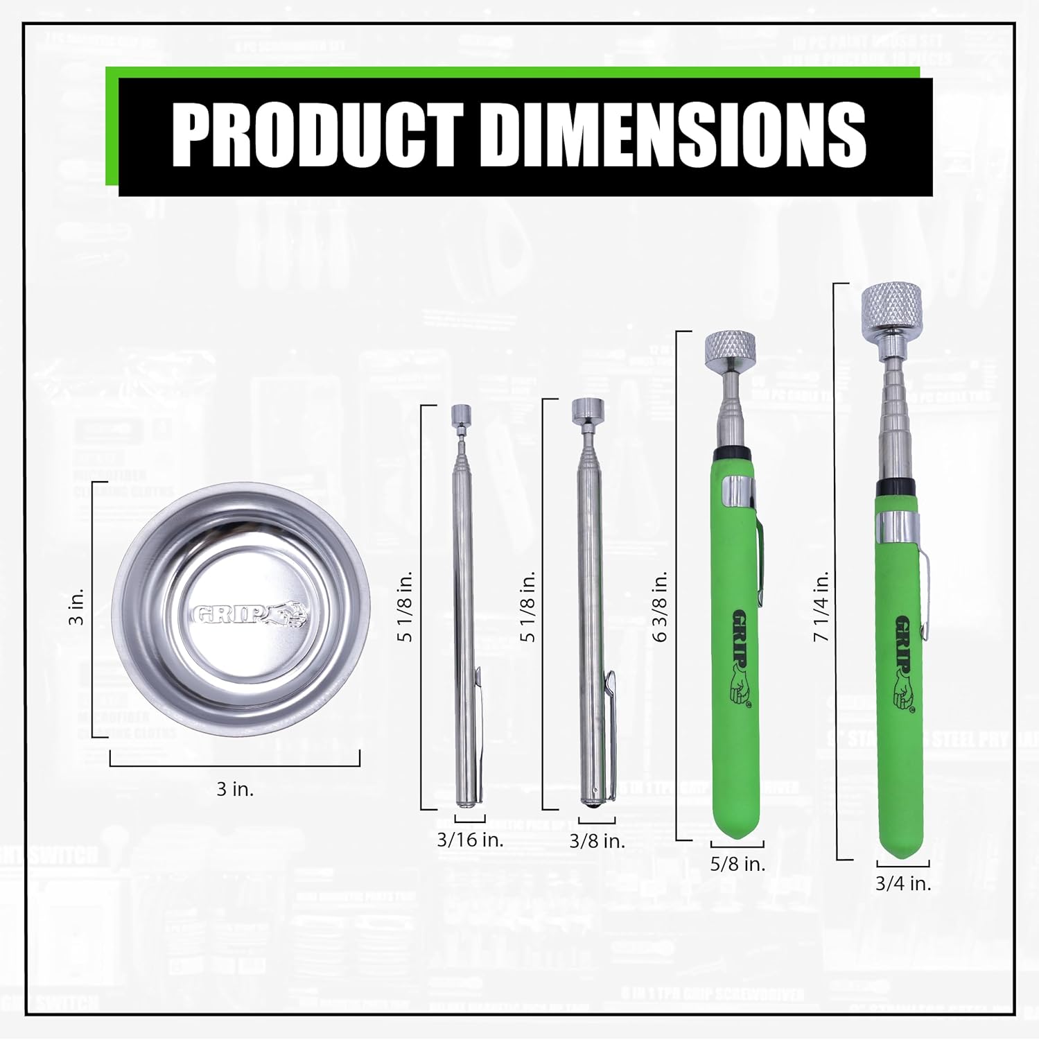 GRIP 5 pc Magnetic Tool Set - 2 lb, 5 lb, 15 lb Telescopic Pickup Tools, 3" Magnetic Parts Tray - Stainless Steel