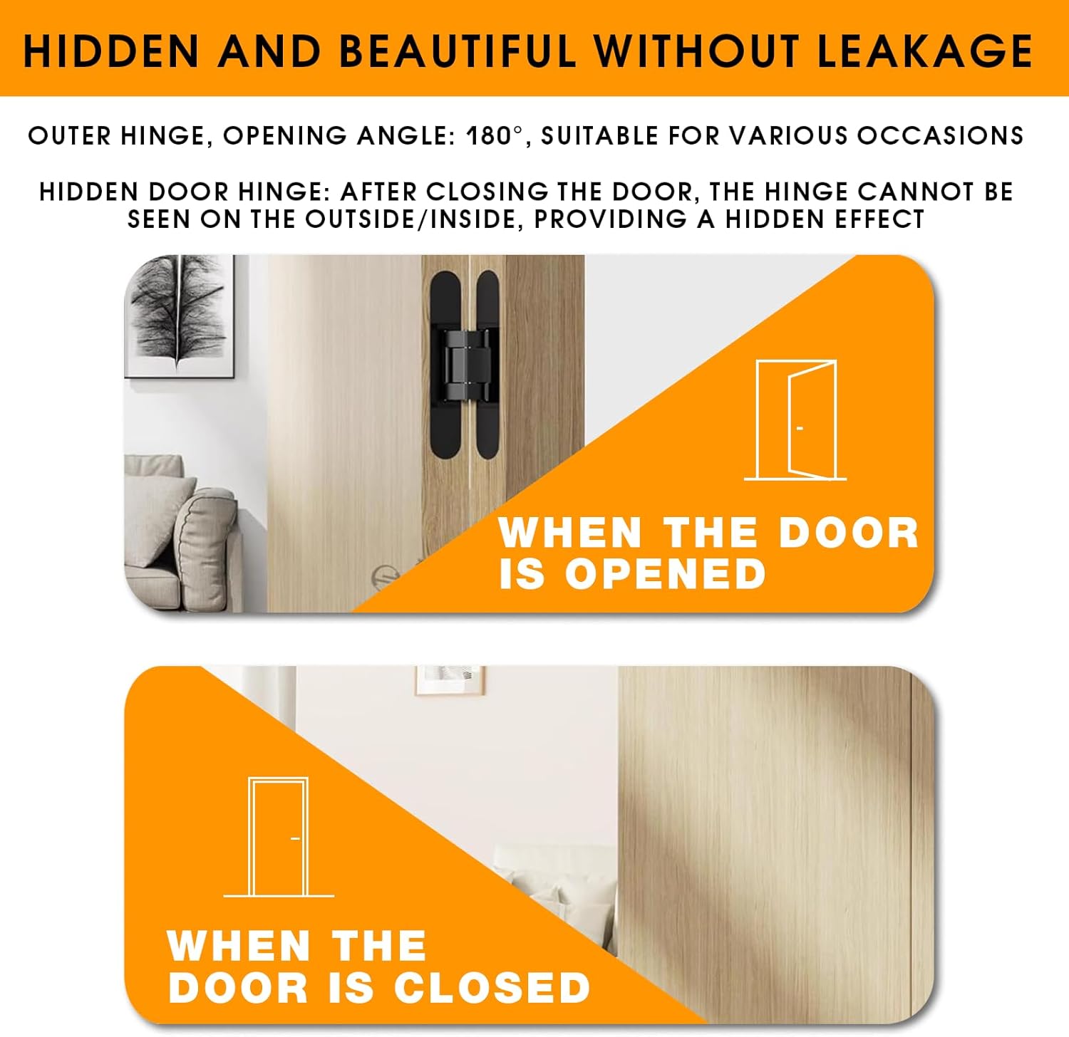 Pacify 2 Set 6" Hidden Door Hinges Upgraded Invisible Door Hinge Heavy Duty Concealed Hinges Adjustable 180 Degree Swing Outswing 3D Hinges with Capacity up to 88lb (2 Pack Black-6Inches)