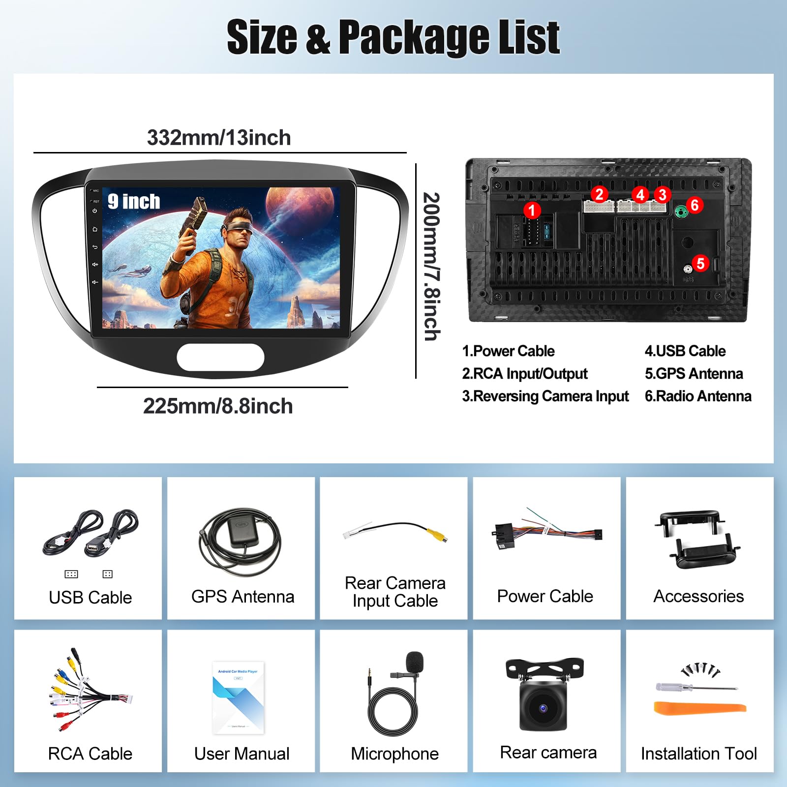 OiLiehu 4+64G Android 13 Autoradio für Hyundai i10 2007-2013 Doppel Din Radio Carplay Android Auto Autoradio Mit Bildschirm 9 Zoll mit Mirror Link Bluetooth FM RDS GPS WiFi SWC EQ+Rückfahrkamera