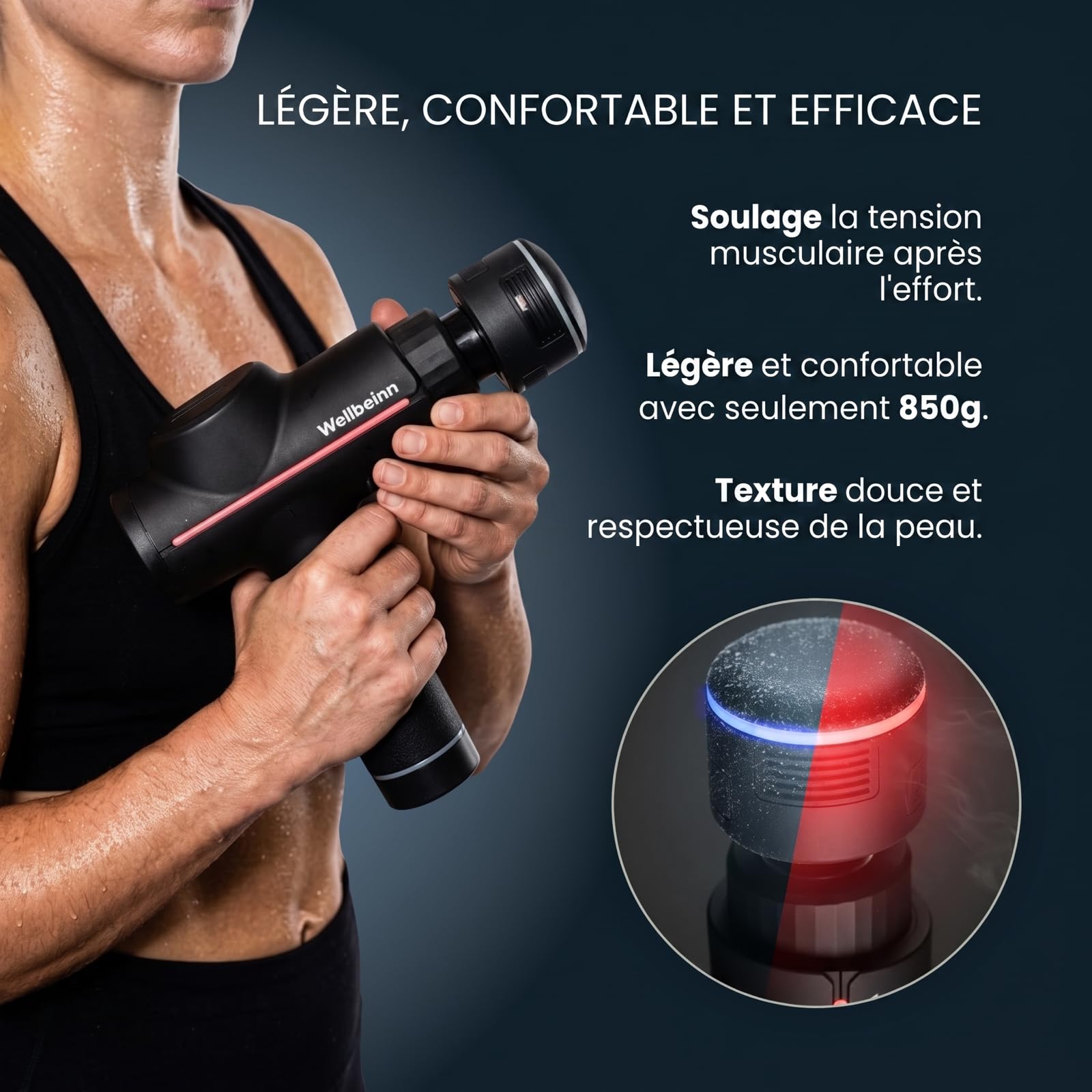 WELLBEINN Pistolet de Massage Musculaire Chaud et Froid | Massage Gun Professionnel Tissus Profonds | 5 Vitesses | 5 Têtes de Massage