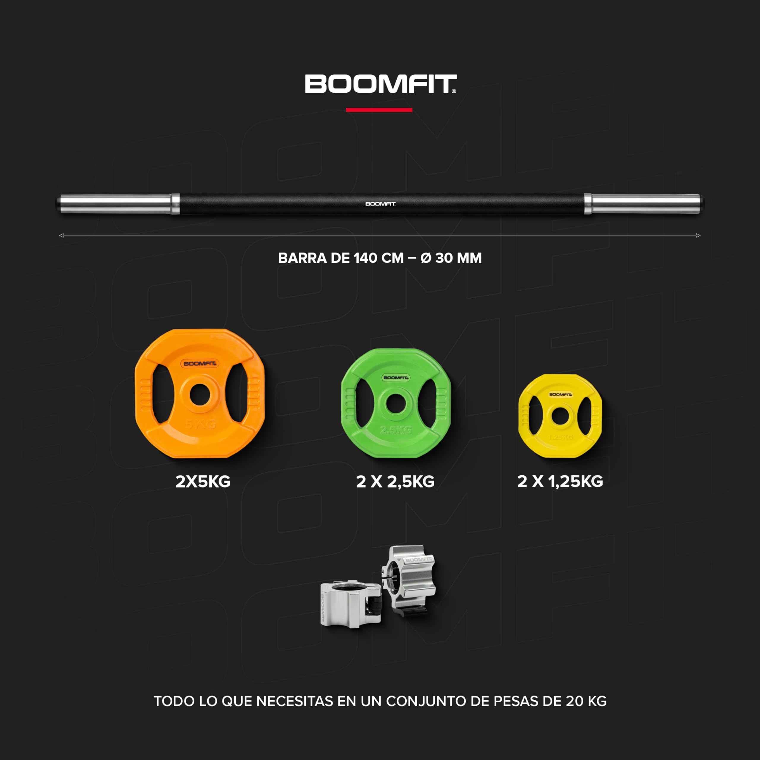 BOOMFIT Kit Set Pump Pro 20 kg con Barra de Pesas y Discos | Set de pesas completo para gimnasio en casa | Discos de Goma con Agarre y Cierres de Seguridad | Entrenamiento Funcional y Musculación