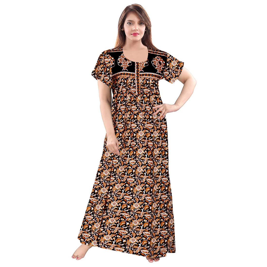 GenericAAKARSHANA Cotton Printed Knee Length Nighty Brown