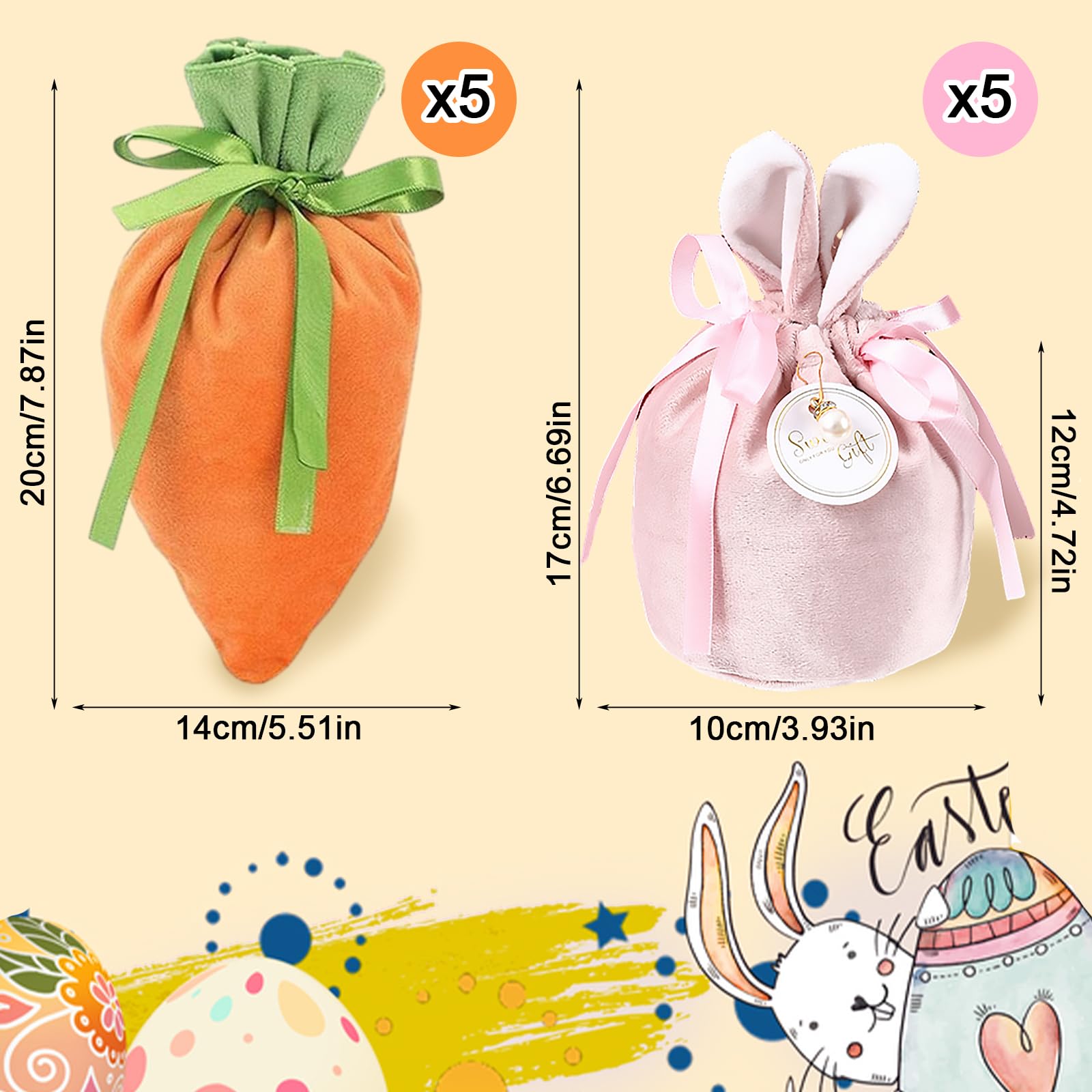 10 Sacchetti Pasquali In Velluto Con Cordoncino - 5 Coniglietti E 5 Carote, Per Caramelle E Regali
