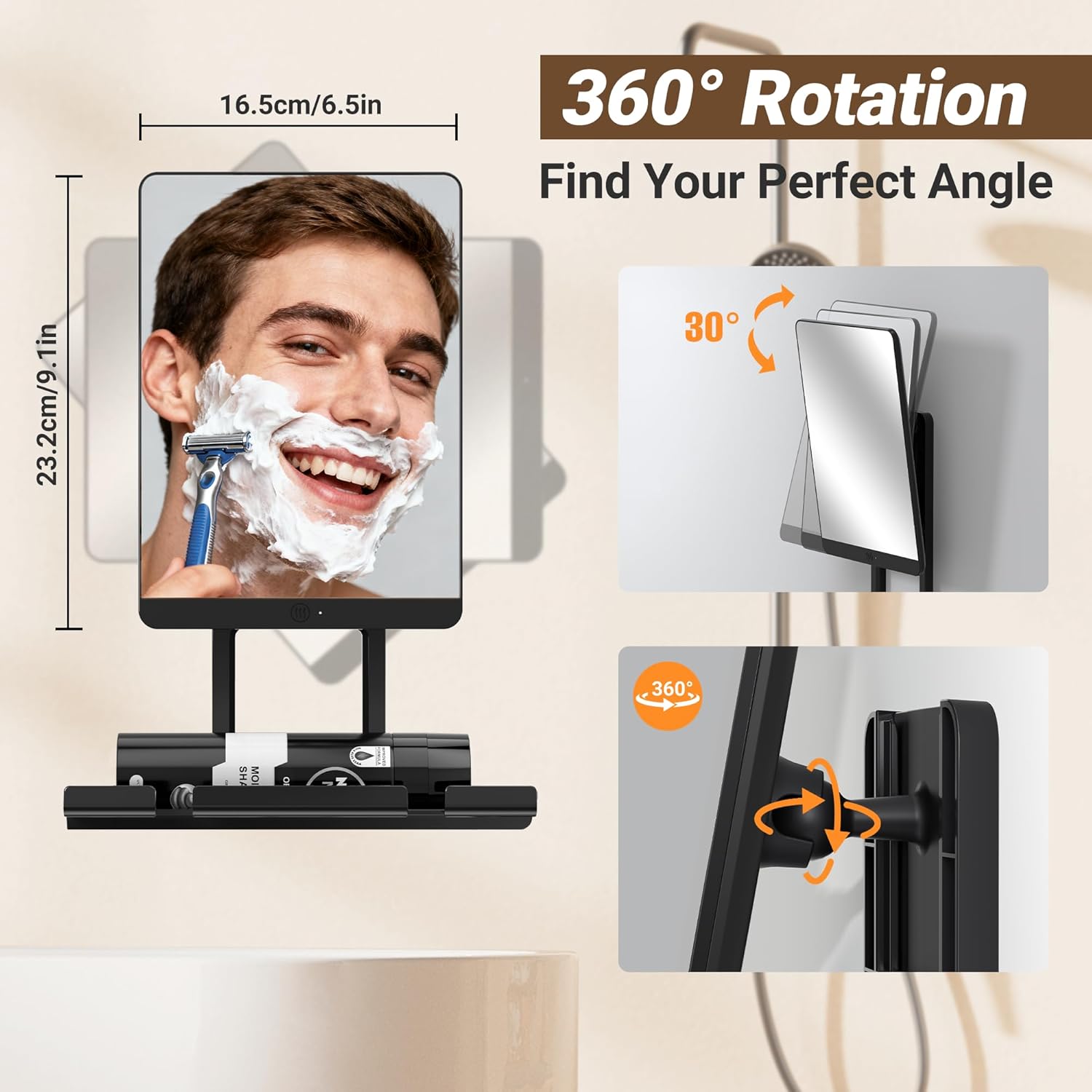 Heated Shower Mirror Fogless for Shaving，Fog Free Shaving Mirror for Shower with Razor Holder，360°Roating Shaving Mirror for Shower Fogless，5000mAh Long-Lasting Anti Fog Shower Mirror (Dark Brown）