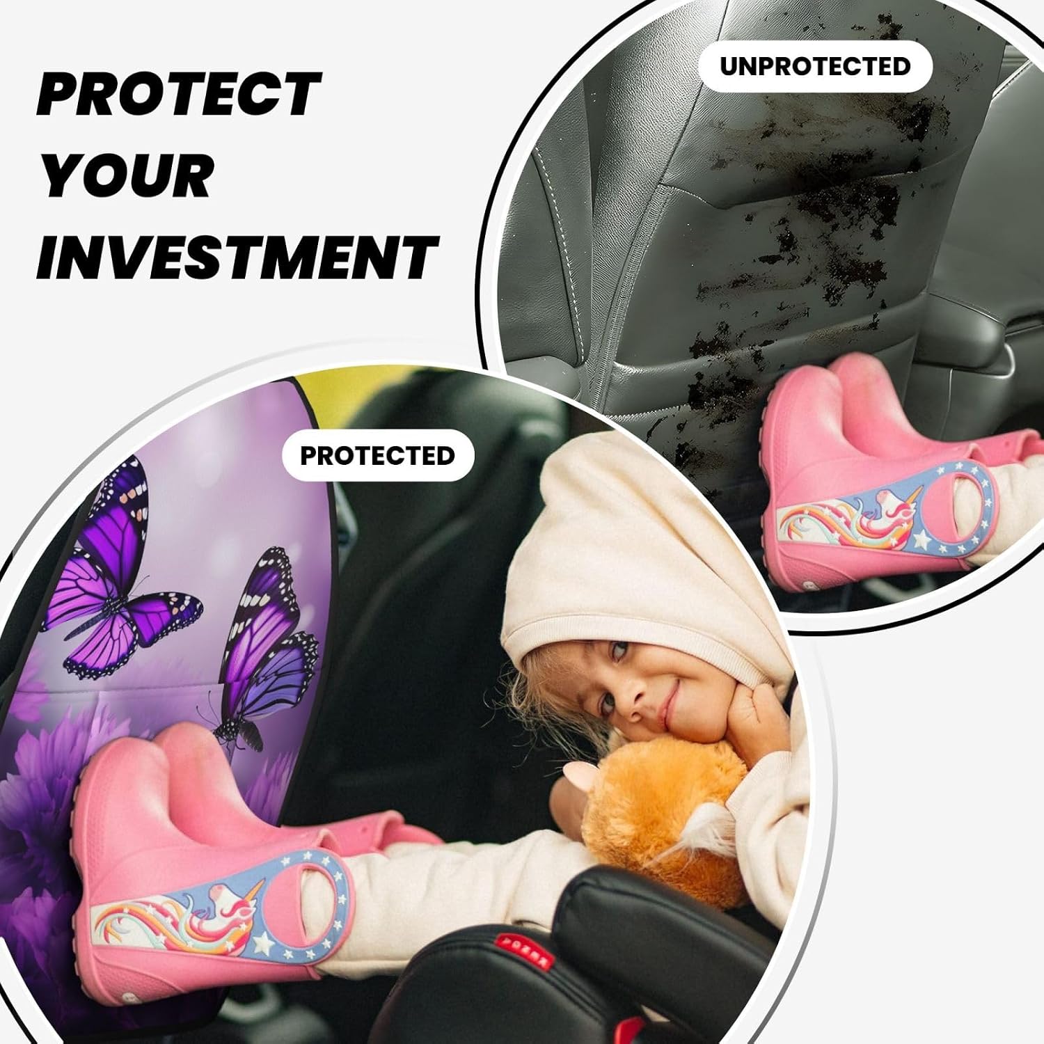 Kick Mat Back Seat Protector for Car 2 Pack Extra Large Car Back Seat Cover with 3 Storage Pockets Waterproof Seat Back Protector Purple Flower Butterflies Backseat Car Organizer for Trucks SUV