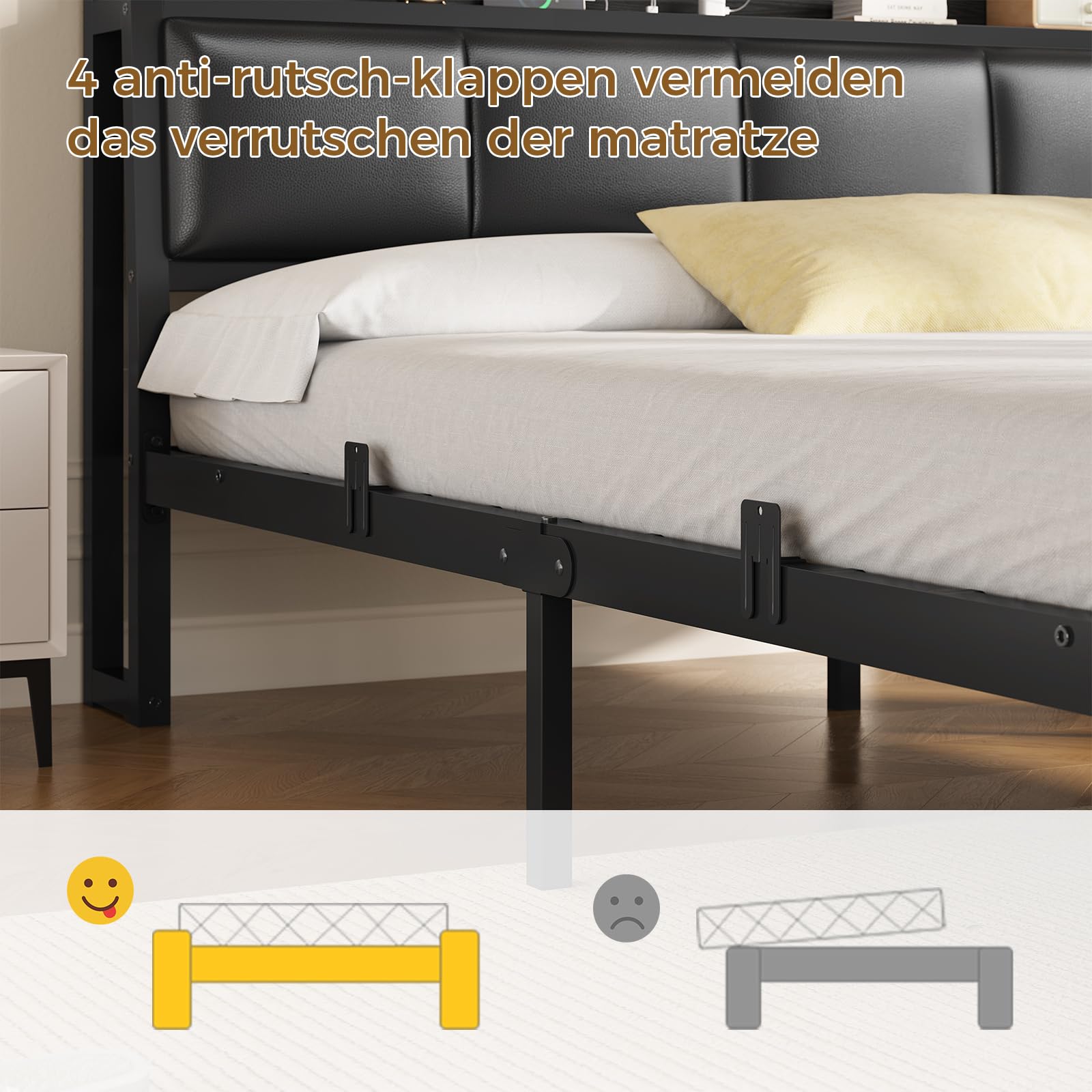 KIMENICH Bett 140 x 200, Bett mit LED-Beleuchtung, Polsterbett 140x200, Ladestation, Bettgestell mit Lattenrost, für Schlafzimmer, Gästezimmer, Schwarz