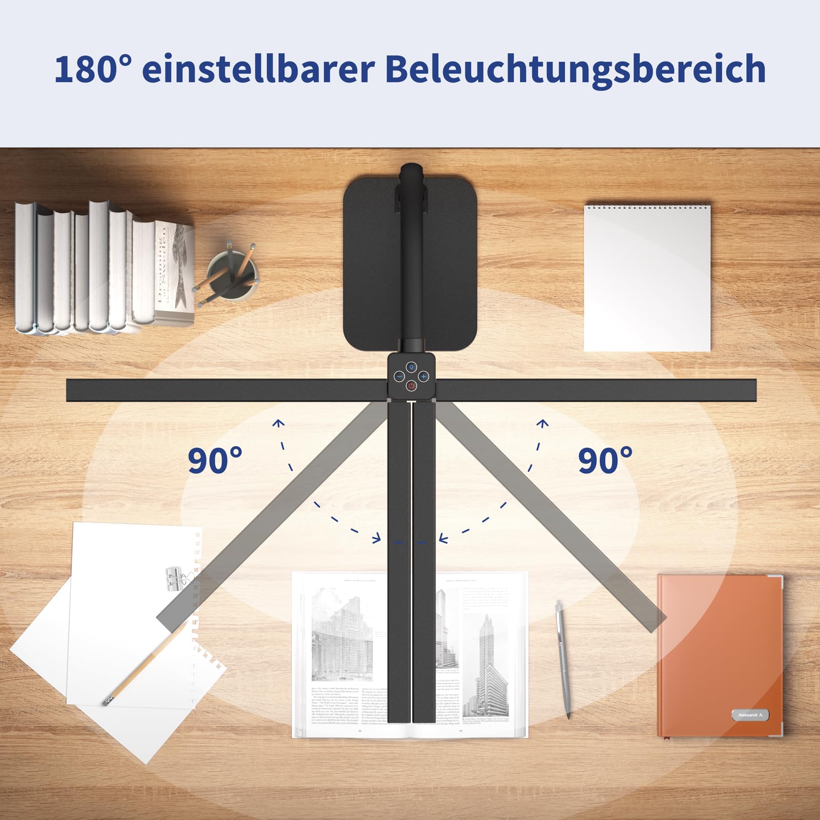 Doppelkopf Schreibtischlampe LED dimmbar, Schreibtischlampen mit Sockel,24W 80cm Tageslichtlampe, Augenpflege 5 Farbtemperaturen 5 Helligkeit, für Arbeit,Haus,Büro,Schlafsaal, Studie,Lesen