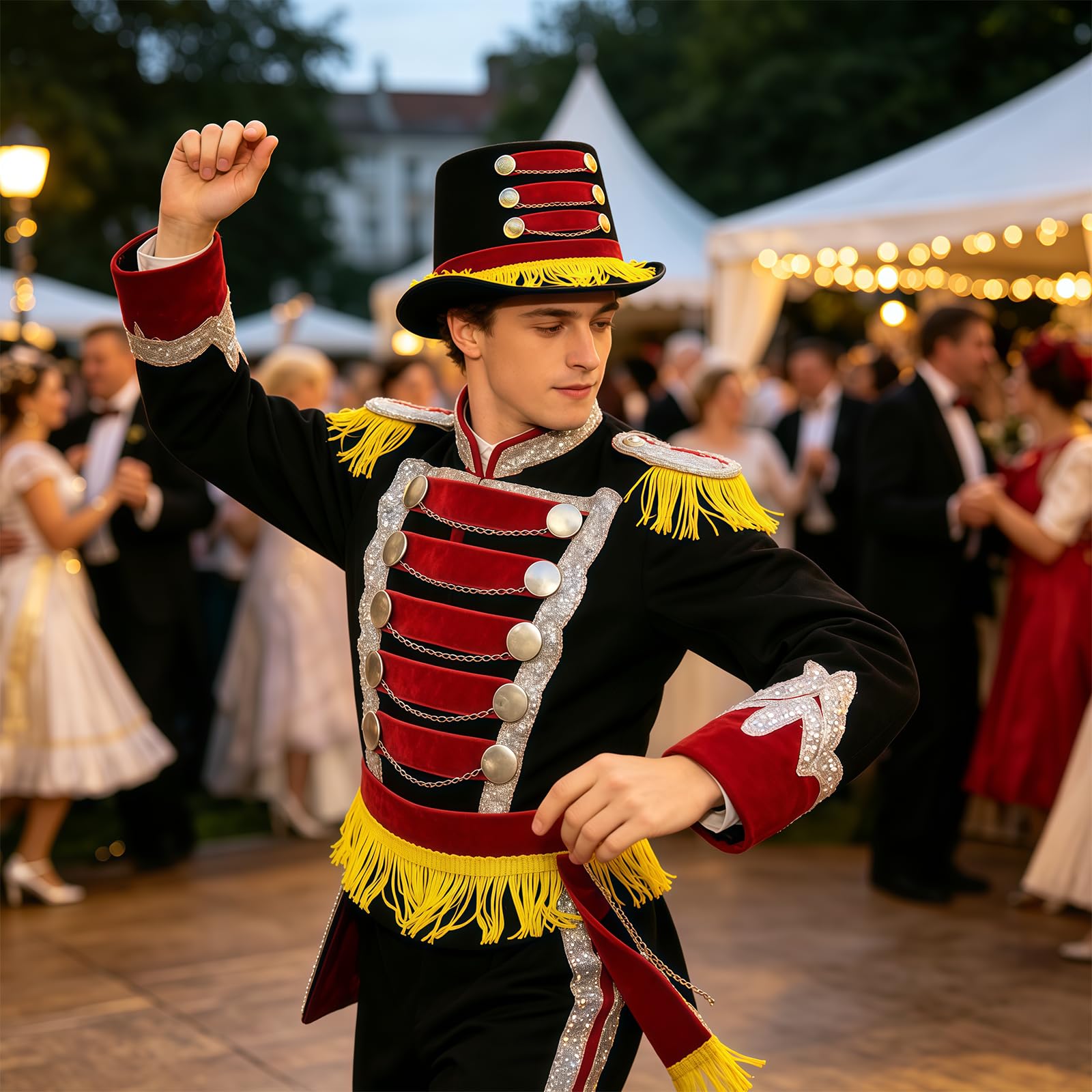 Ringmaster - Cappello a cilindro rosso e nero da circo con frangia dorata, accessorio per costume di Carnevale di Halloween, perfetto per cosplay, spettacoli teatrali per adulti