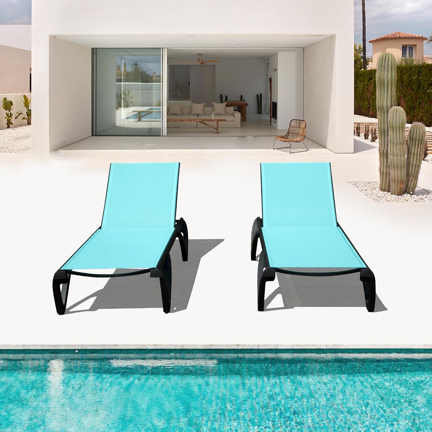 Domi Pool Lounge Chairs Set of 2, Aluminum Patio Chaise Lounge with Wheels, 5 Position Adjustable, All Weather Outdoor Lounge Chairs for Beach, Yard, Balcony, Poolside, Turquoise Blue