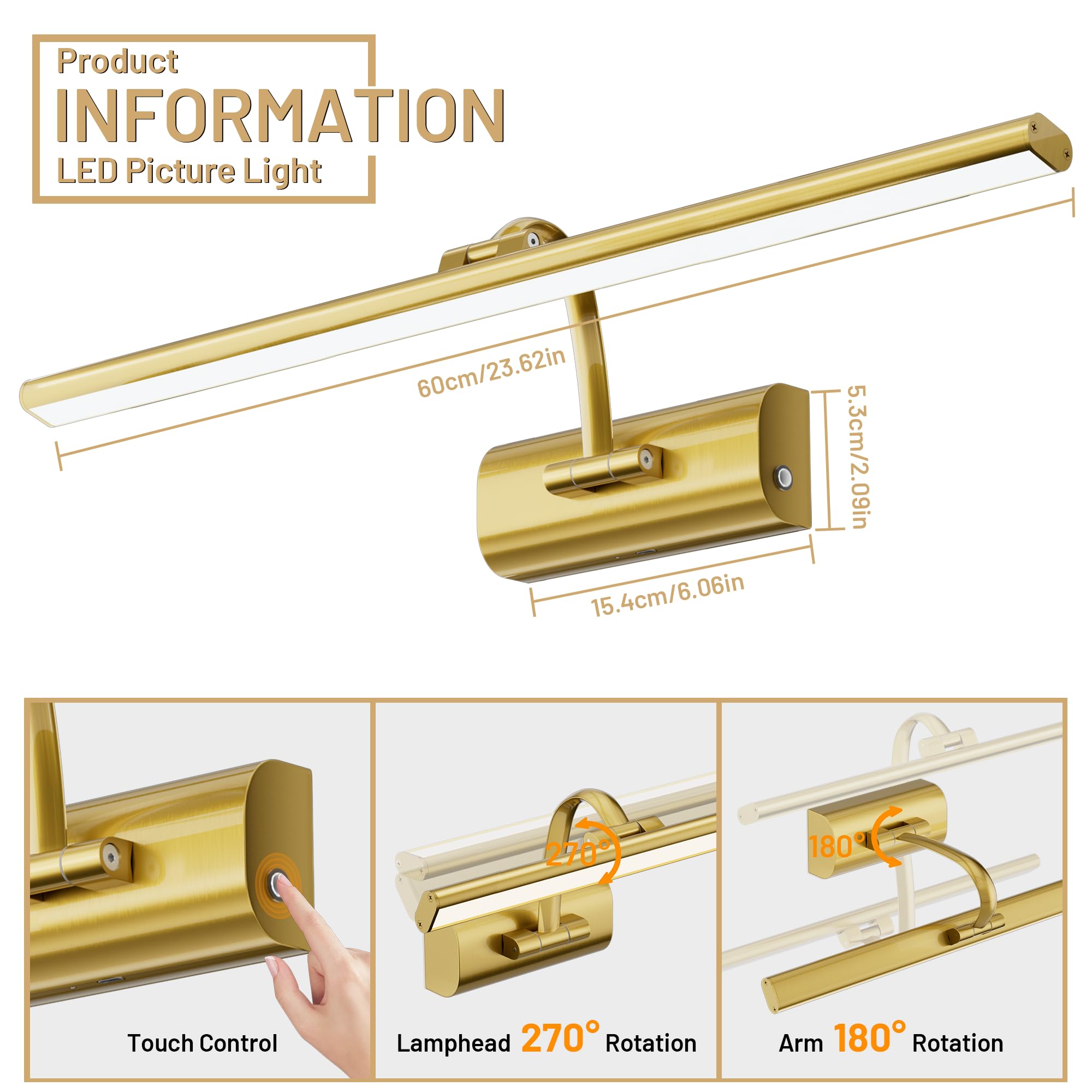 AIFEI Luce per quadri, 61 cm, funzionamento a batteria, Glod