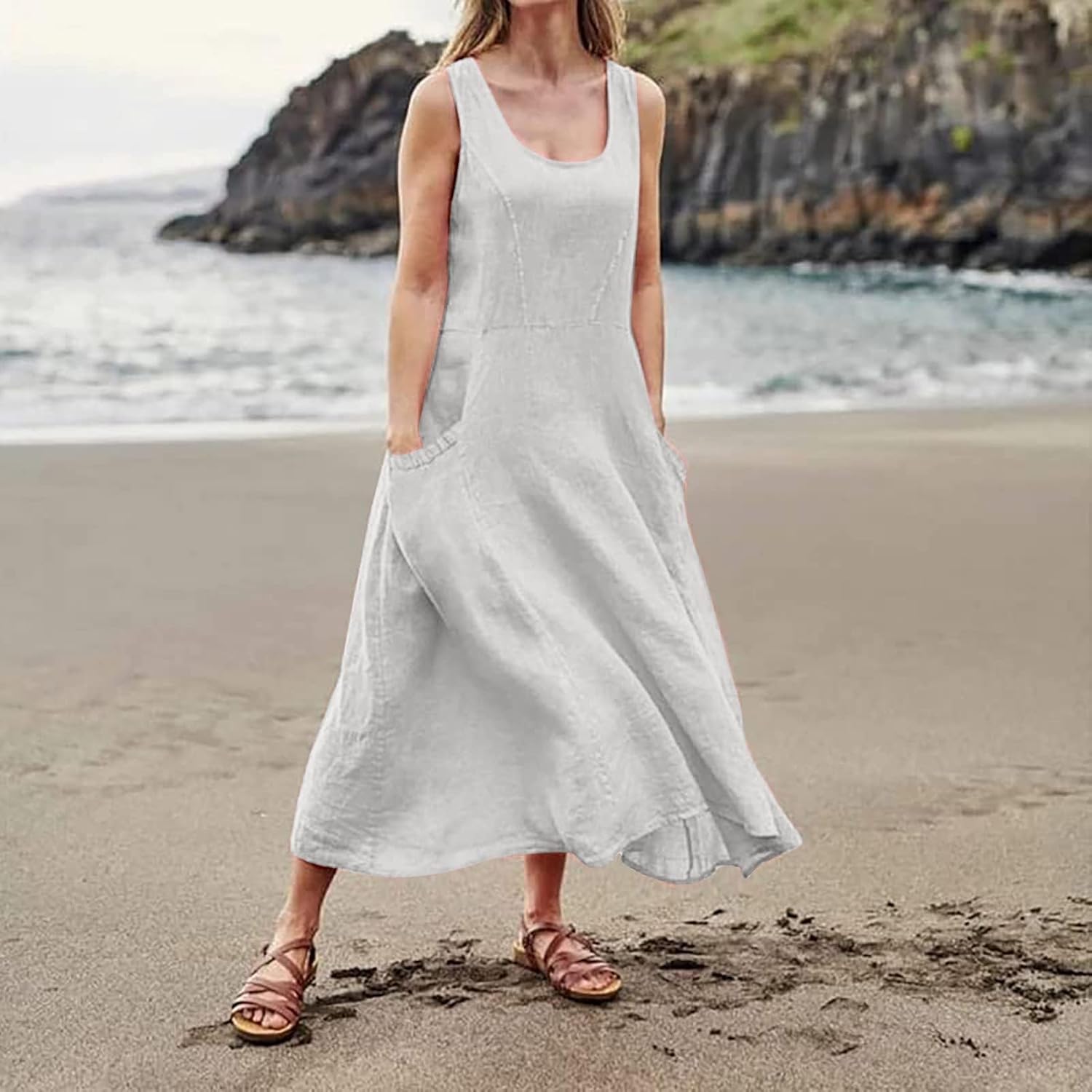 MARSVOVO Linen Dress for Women Maxi Dress Summer 2023 Cotton Sleeveless Loose Dresses Crewneck Flowy Long Dress with Pockets - Image 3