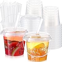 Funnymoom 50 Pack 24oz Clear Plastic Drink Buckets with Lids, Straws & Handles - Disposable Party Cups for Cocktails, Iced Coffee, Beach Pool Supplies