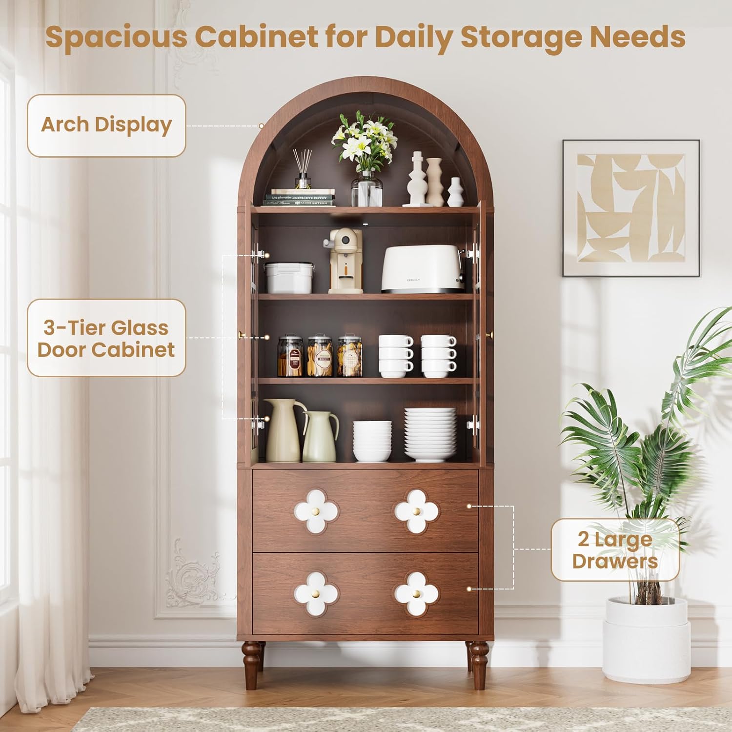 MOPHOTO Arched Cabinet, 71 in Arched Cabinet with Glass Doors, Modern Versatile Pantry Storage Cabinet with 2 Large Drawers for Living Room, Kitchen, Dining Room