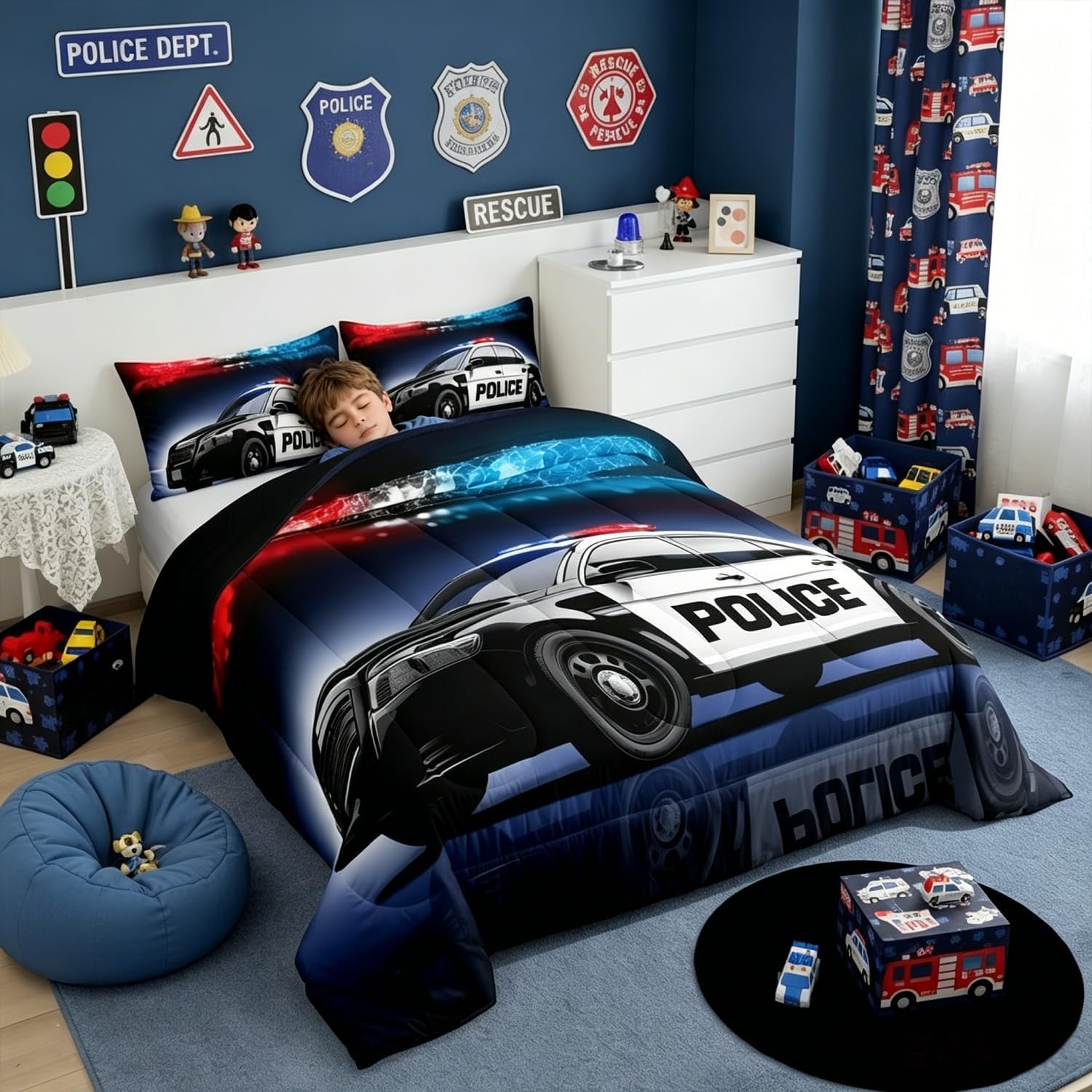 Erosebridal Police Car Comforter Sets Full Size,Policeman Vehicle Bedding Set for Kids Boys Children,Red Blue Cop Lights Down Comforter Geometric Graphics Duvet Sets Bedroom Decor with 2 Pillow Cases image 2