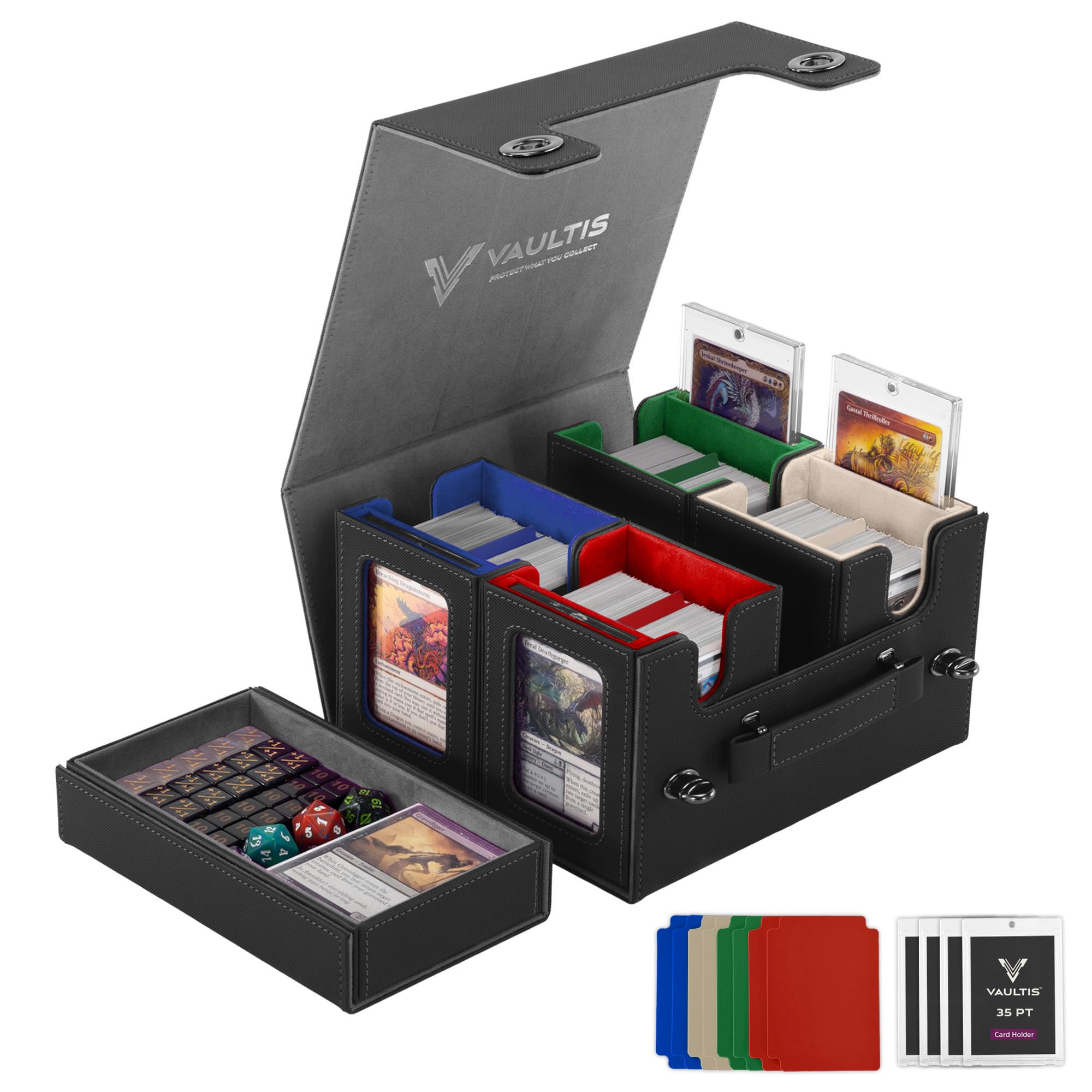 VAULTIS Commander Deck Box for MTG with Handle, Multi Deck Case with Large Dice Tray Fits 400+ Double-Sleeved Cards, 5 IN 1 TCG Card Storage Box with Commander Display, 35PT Card Holders (Multicolor)