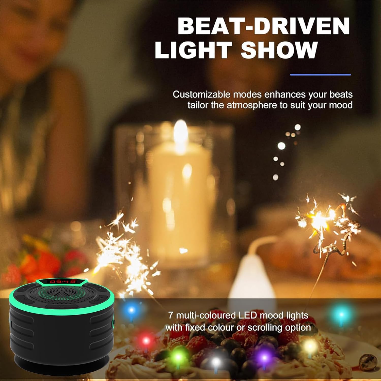 Bluetooth Speakers, IPX7 Waterproof Shower Speaker, Portable Speaker with LED Display, FM Radio, Suction Cup, Light Show, Built-in Mic, Best Gifts for Pool Beach Home Party Travel Outdoors - Image 3