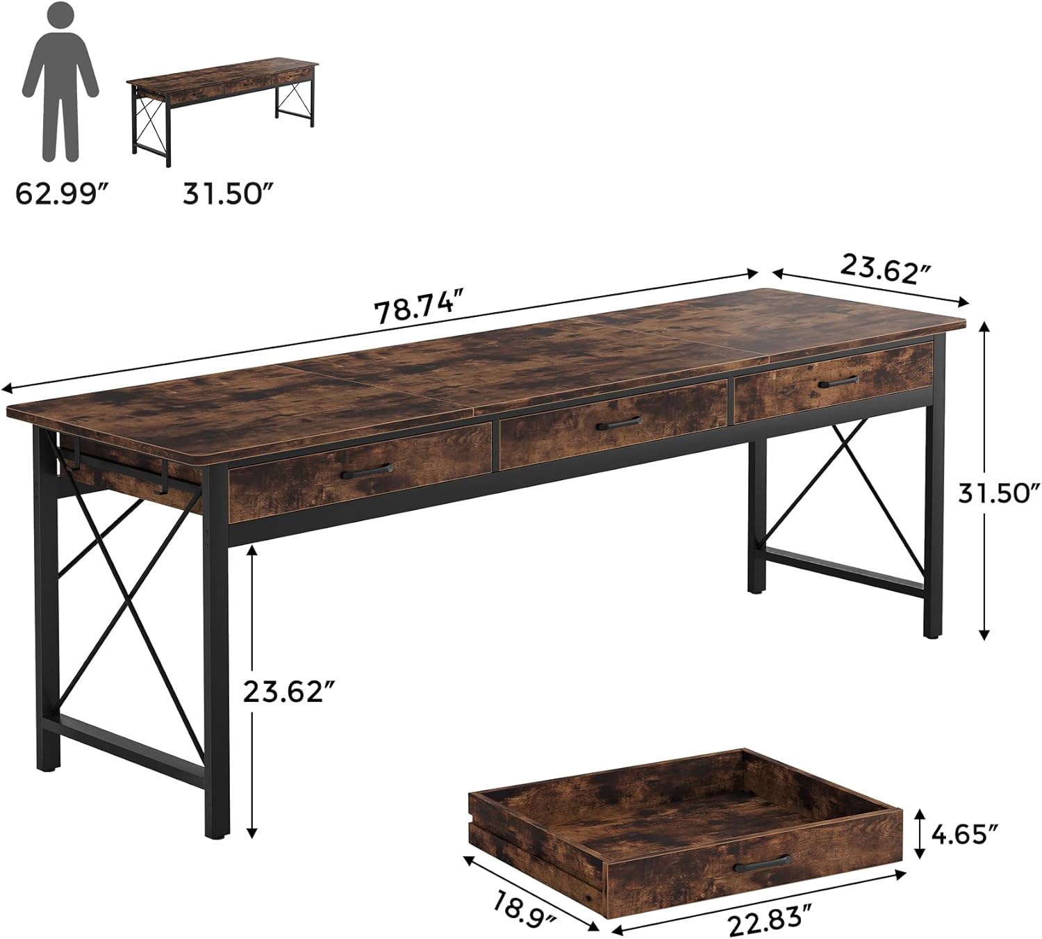 78.7 inch Extra Long Computer Desk with 3 Drawers, Two Person Office Desk, Double Desk with Hooks, Industrial Writing Study Table Workstation for Home Office, Rustic Brown and Black