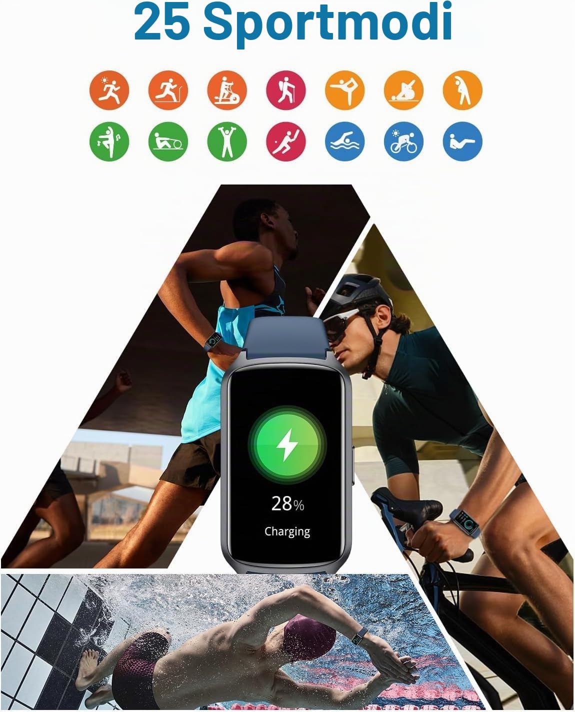 Fitness Tracker Fitnessuhr Damen Herren, bis zu 7 Tage Akkulaufzeit, 20+ Trainningsmodi, SpO2 Tracking, Schlafüberwachung, Herzfrequenzmessung, Schrittzähler, 5ATM Wasserdicht Aktivitätstracker