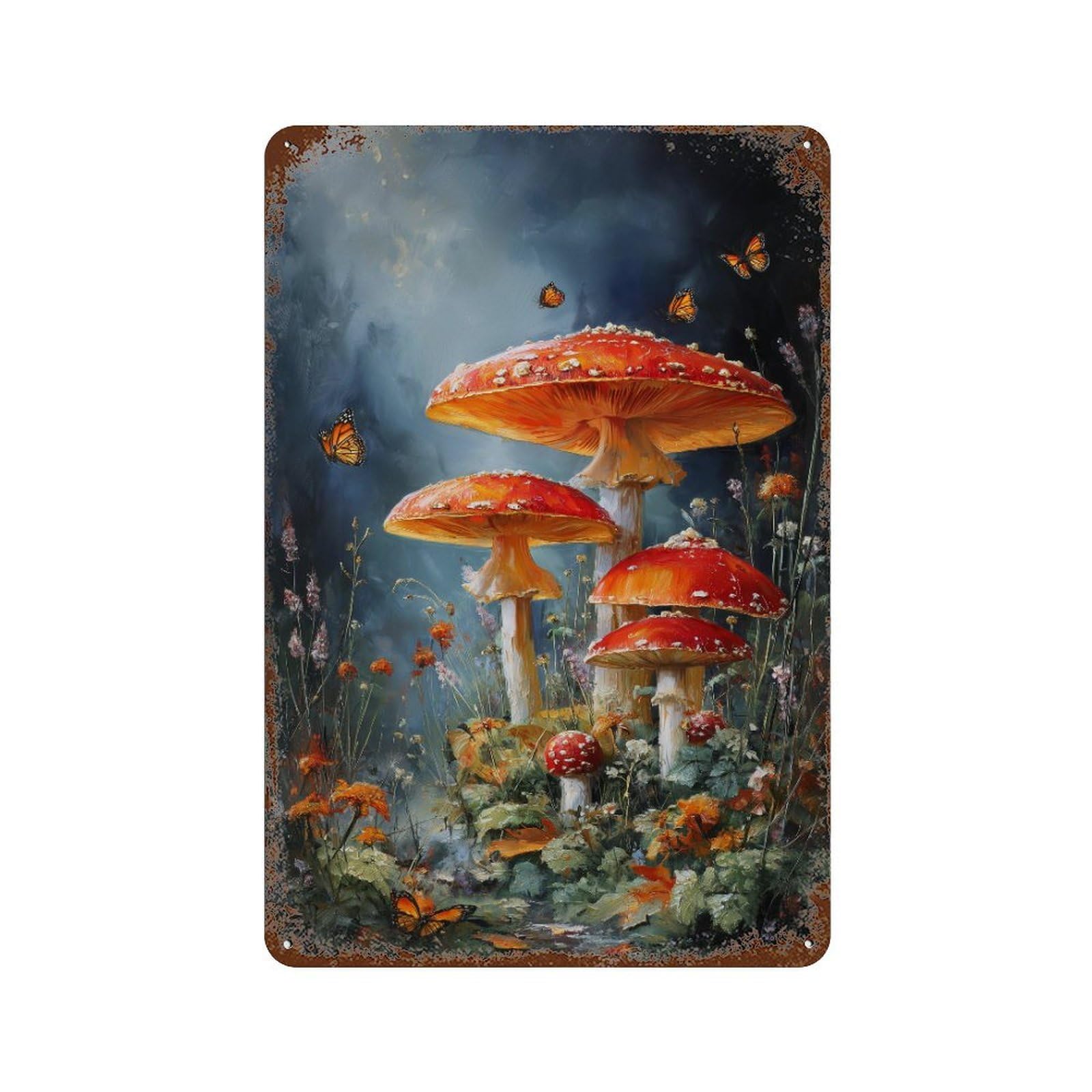Distressed Metal Wall Sign Mystical Mushroom Garden 11.8"x7.9", Old School Wall Decor for Bistro, Counter And Cafe Decor