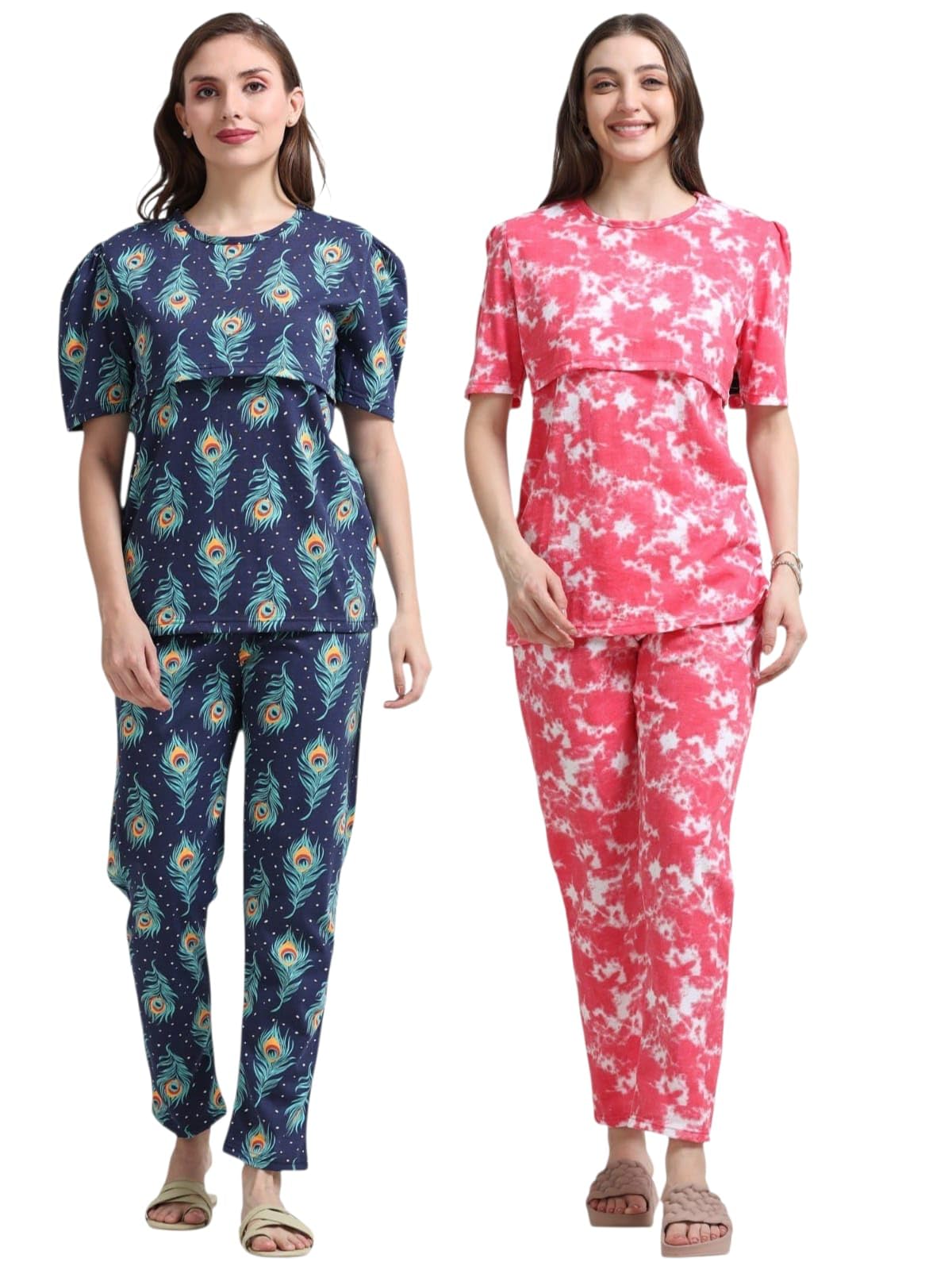 Women Maternity Zipless Feeding Pyjama Set Front Access Nightwear, Soft & Comfortable Fabric, Relaxed Fit Pyjama Set | Colour: PC- Pink(D&D)-L-image-2