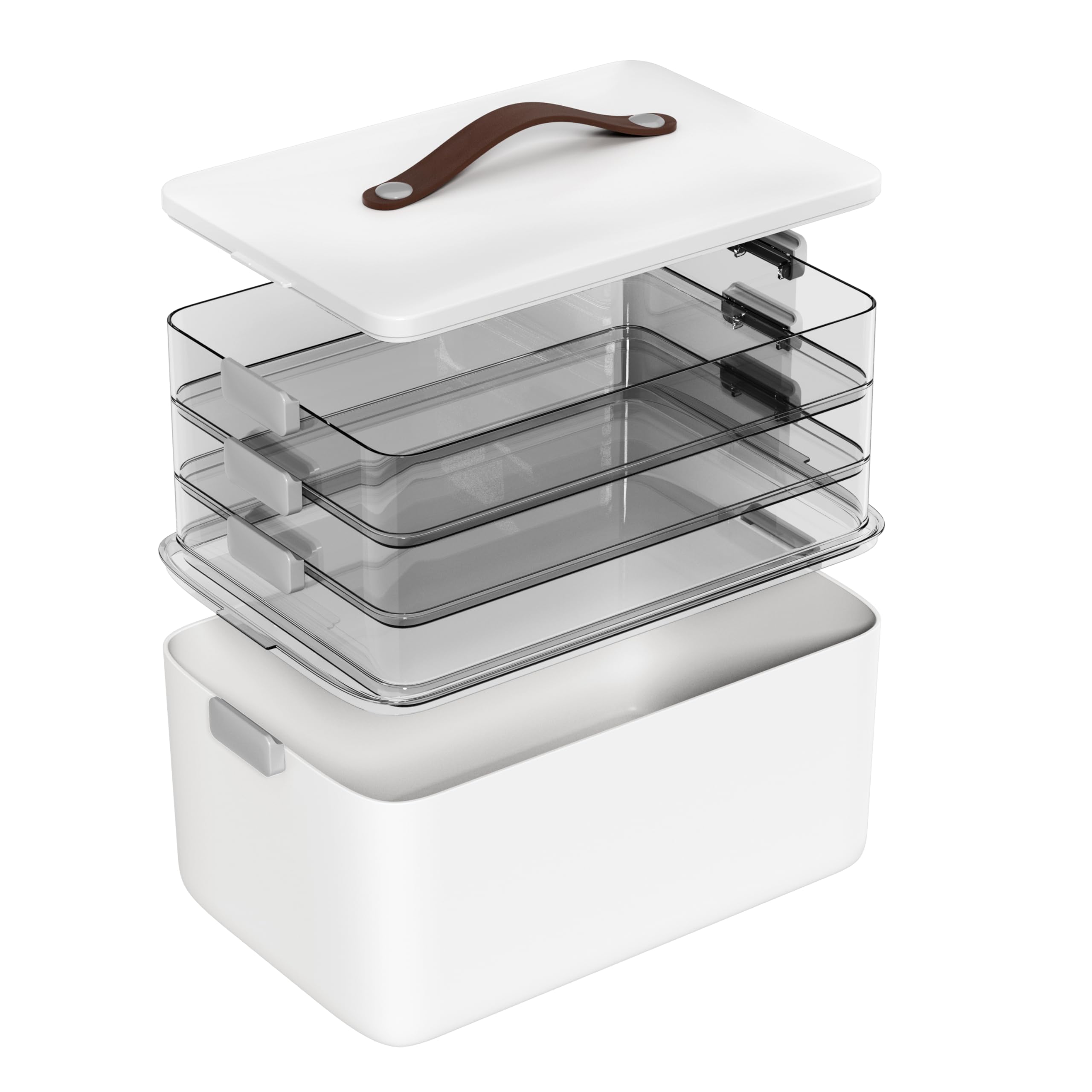 MOPALL 4-Tier Medicine Organizer Storage Box Portable Latch Bin with Lid and Leather Handle Cabinet Closet Organization for