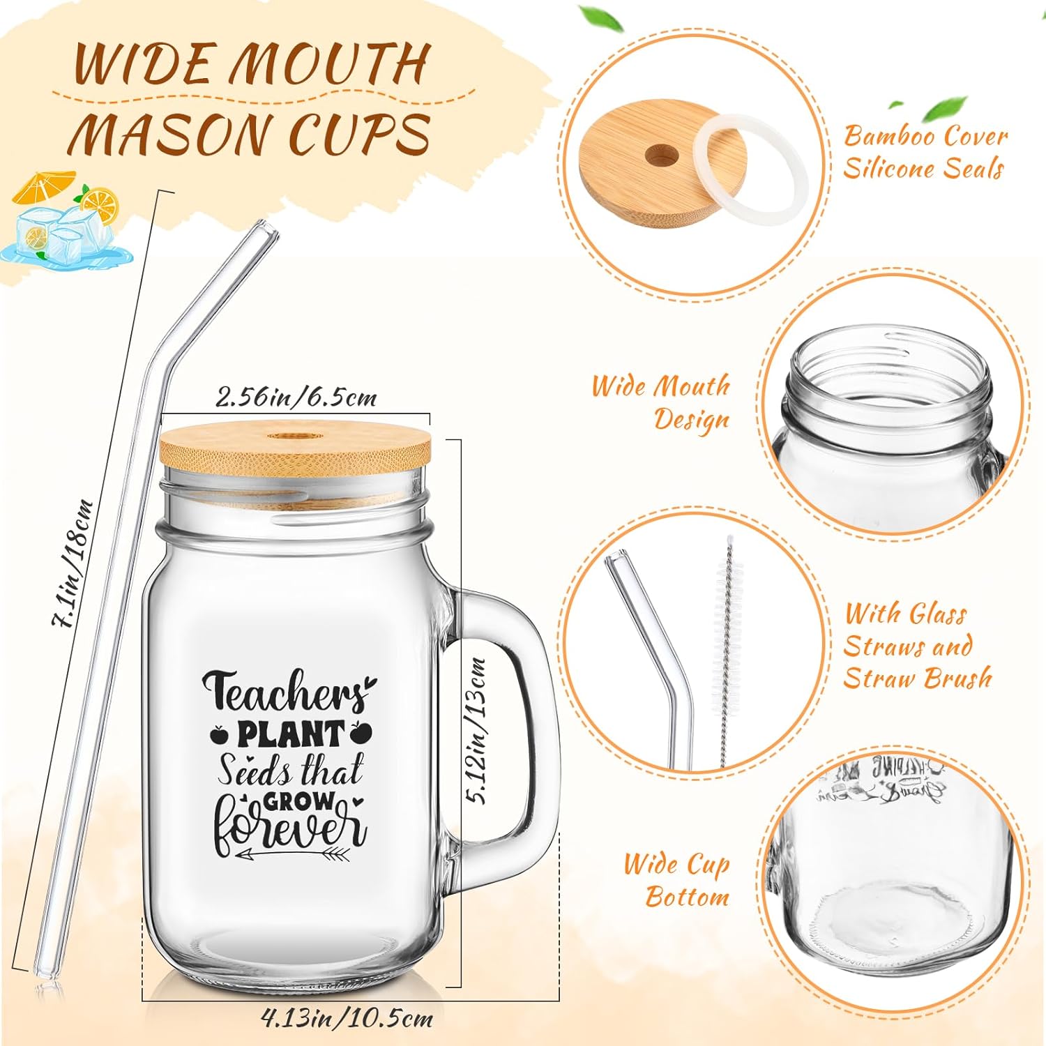 Nuogo 8 Pcs Teacher Glass Cup Teacher Appreciation Thank You Glass Cup Gifts 16 oz Mason Jars with Handle Bamboo Lids and Straw Cup Gift Set Teacher Tumbler Bulk Glass Jar Tumbler Mug Back to School