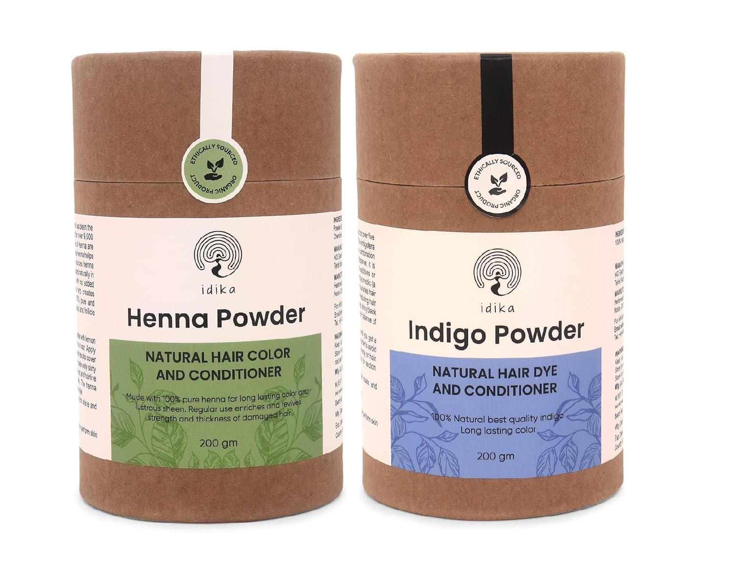 Idika Henna & Indigo Organic Hair Color Kit - 100% Natural Henna & Indigo for Black Hair Color - Herbal Mehandi Powder & Natural Hair Conditioner, Protects Hair from Damage - Pack of 2 (200g Each)