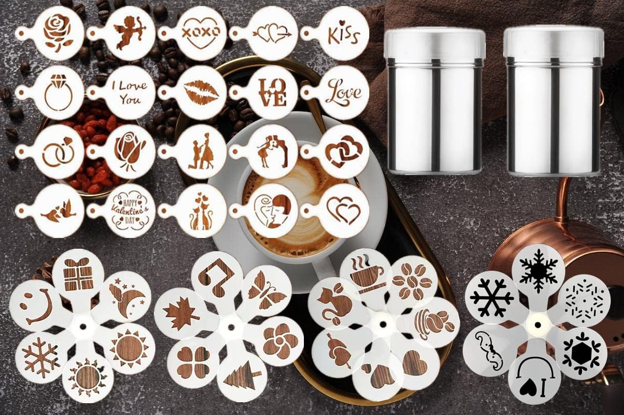 36 Coffee Decorating Stencils + 2 Stainless Steel Mesh Powder Shaker, Magnoloran Foam Latte Art Stencils Barista Templates for Decorating Oatmeal Cupcake Cake Cappuccino Mousse Hot Chocolate