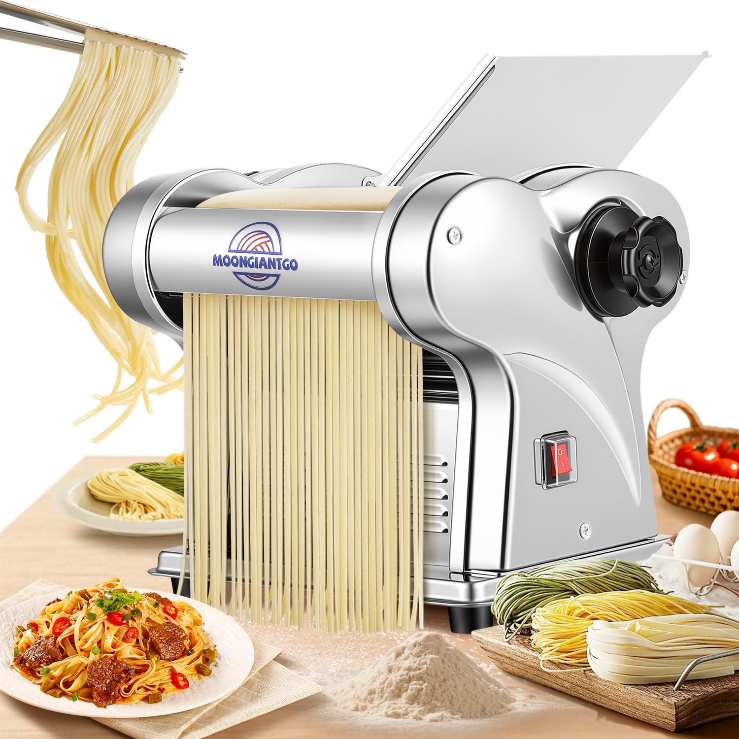 Moongiantgo Macchina per la Pasta Elettrica Pasta Macchina Fresca Acciaio Inox con Lame da 1,5 mm Fine e 4 mm Piatta, 9 Grado di Spessore Regolabile 0,3-3mm, Per Fettuccine, Tagliolini, Spaghetti