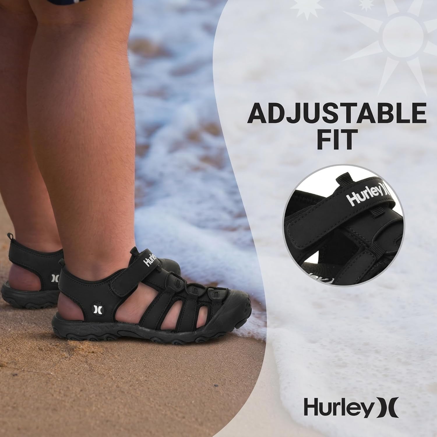 Hurley Kid's and Toddlers Water Sandals - Beach Sandals for Boys and Girls, Lightweight Durable Closed Toe with Adjustable Upper for Outdoors, Water Play and Pool Champ