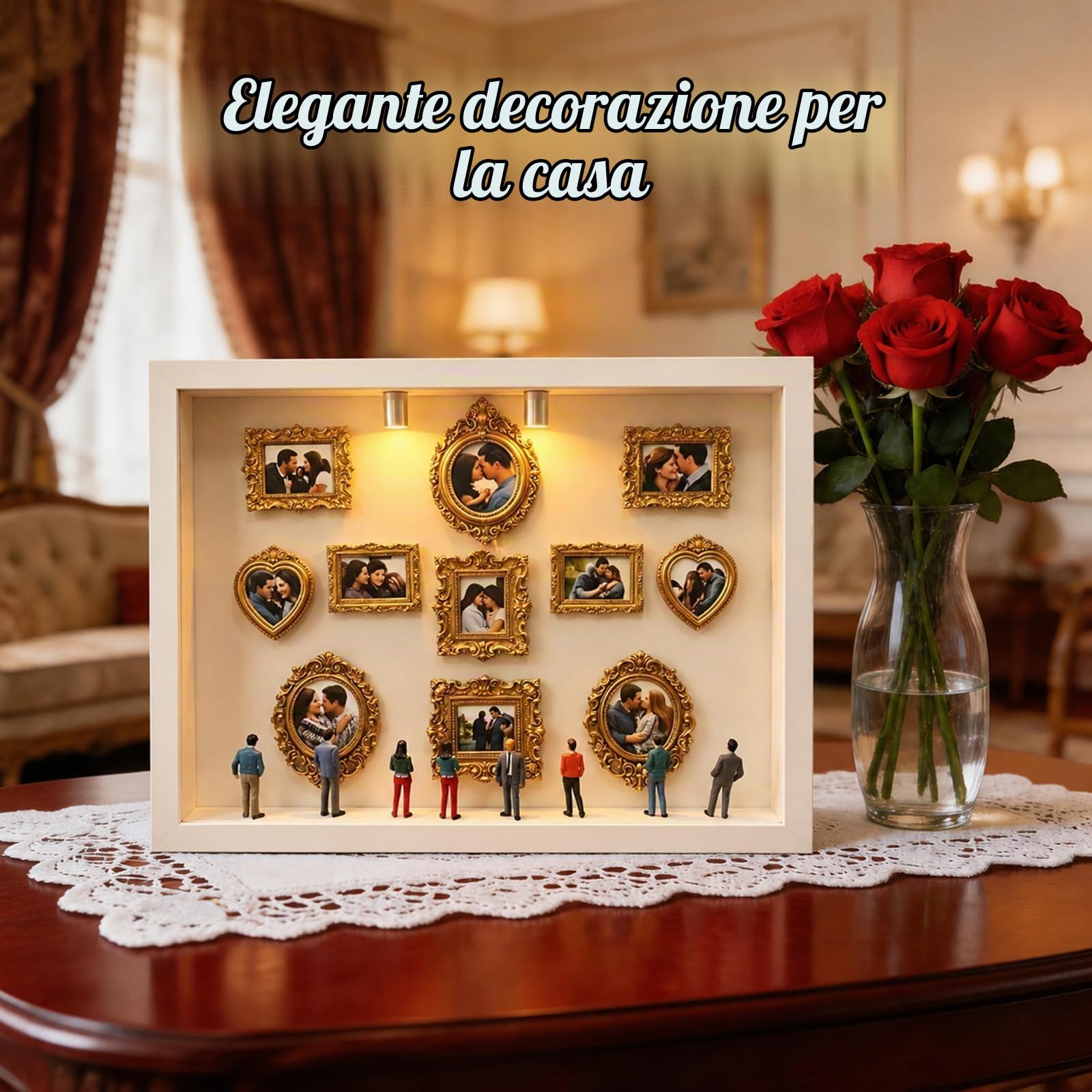 DIY Mini Museum, Micro Museo con 11 Mini Cornici Museo Dorate | Scatola Portaoggetti con Figure in Miniatura, Regalo per San Valentino, Matrimonio e Anniversario