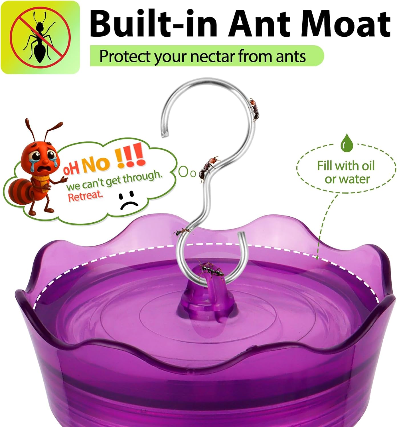 2 Pack Hummingbird Feeders for Outdoors, Built-in Ant Moat & Leakproof, XAROO Glass Hummingbird Feeder with 4 Bee Guard Feeding Ports, Outdoor Garden Décor, 15OZ, Purple