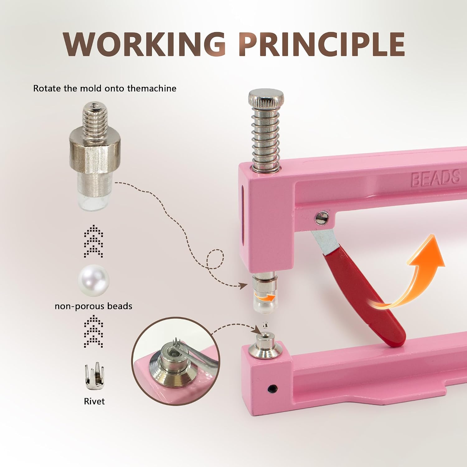 Pearl Setting Machine Hand Press Tools 2 Boxes White No Holes Pearl Beads with Rivet Studs Screw Heads L Hexagon Wrench for Decorating Clothes Hat Trousers Dresses Bag Hair Band DIY Crafts (Pink)