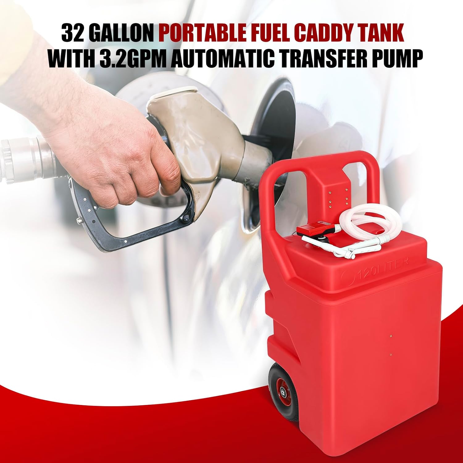 32 Gallon Portable Fuel Caddy Tank with 3.2GPM Automatic Transfer Pump ，12V / 4AA Battery Powered，6.5 ft Hose Diesel Transfer Tank for Gasoline Diesel Fuel & DEF/Urea Liquid