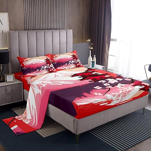 Miniatura 8 de Erosebridal Juego de sábanas japonesas Ukiyoe de flor de cerezo, tamaño Queen, diseño de pájaro de grulla blanca, sábana bajera ajustable con